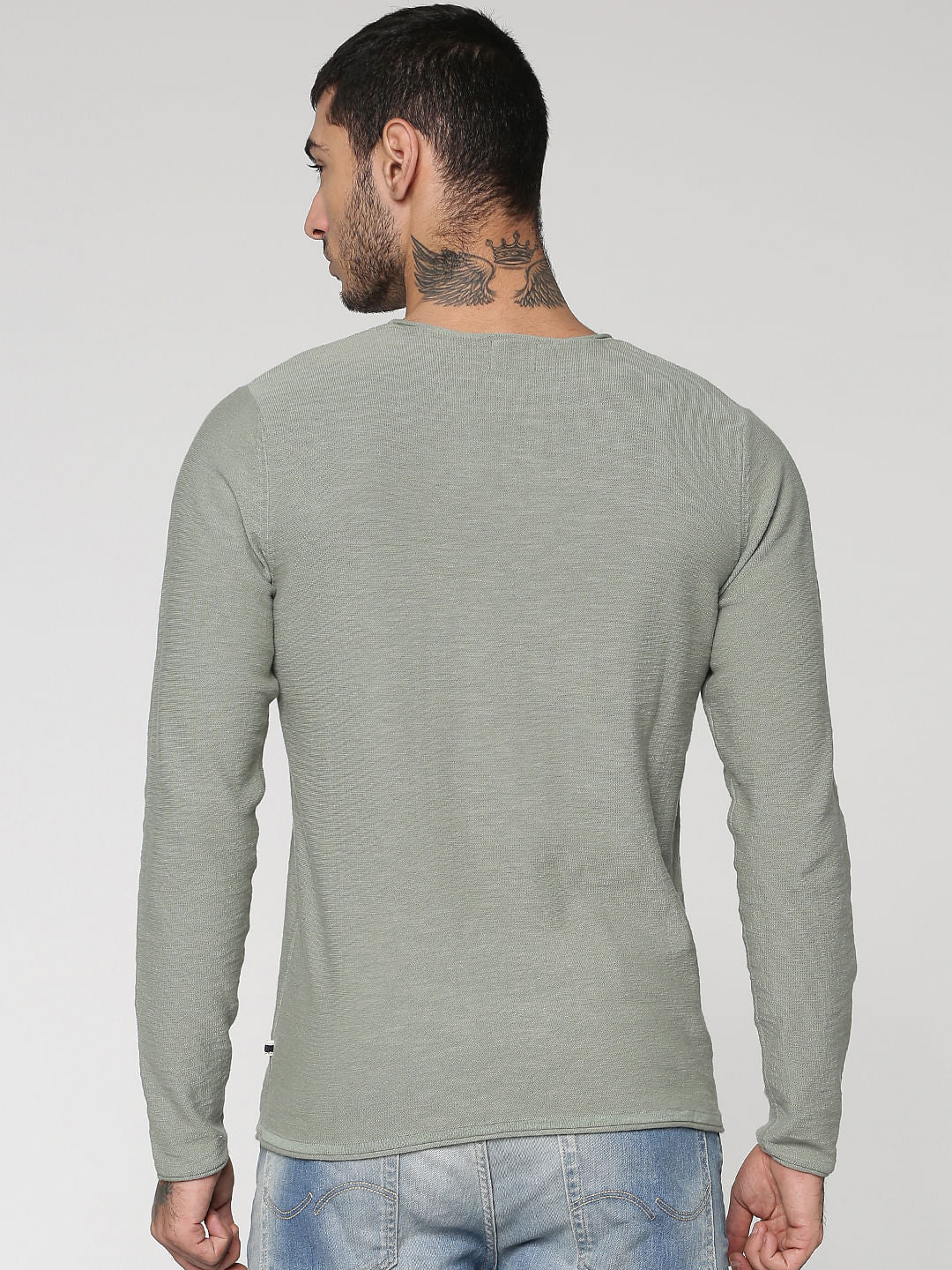 Green Slim Fit Full Sleeves Crew Neck T-Shirt