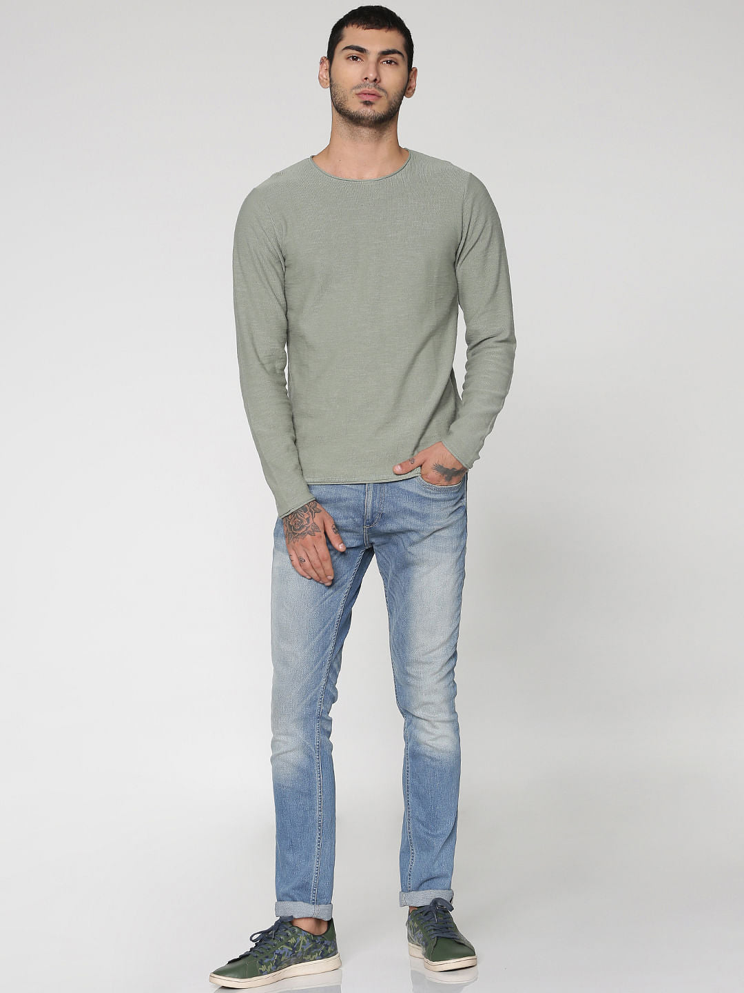 Green Slim Fit Full Sleeves Crew Neck T-Shirt