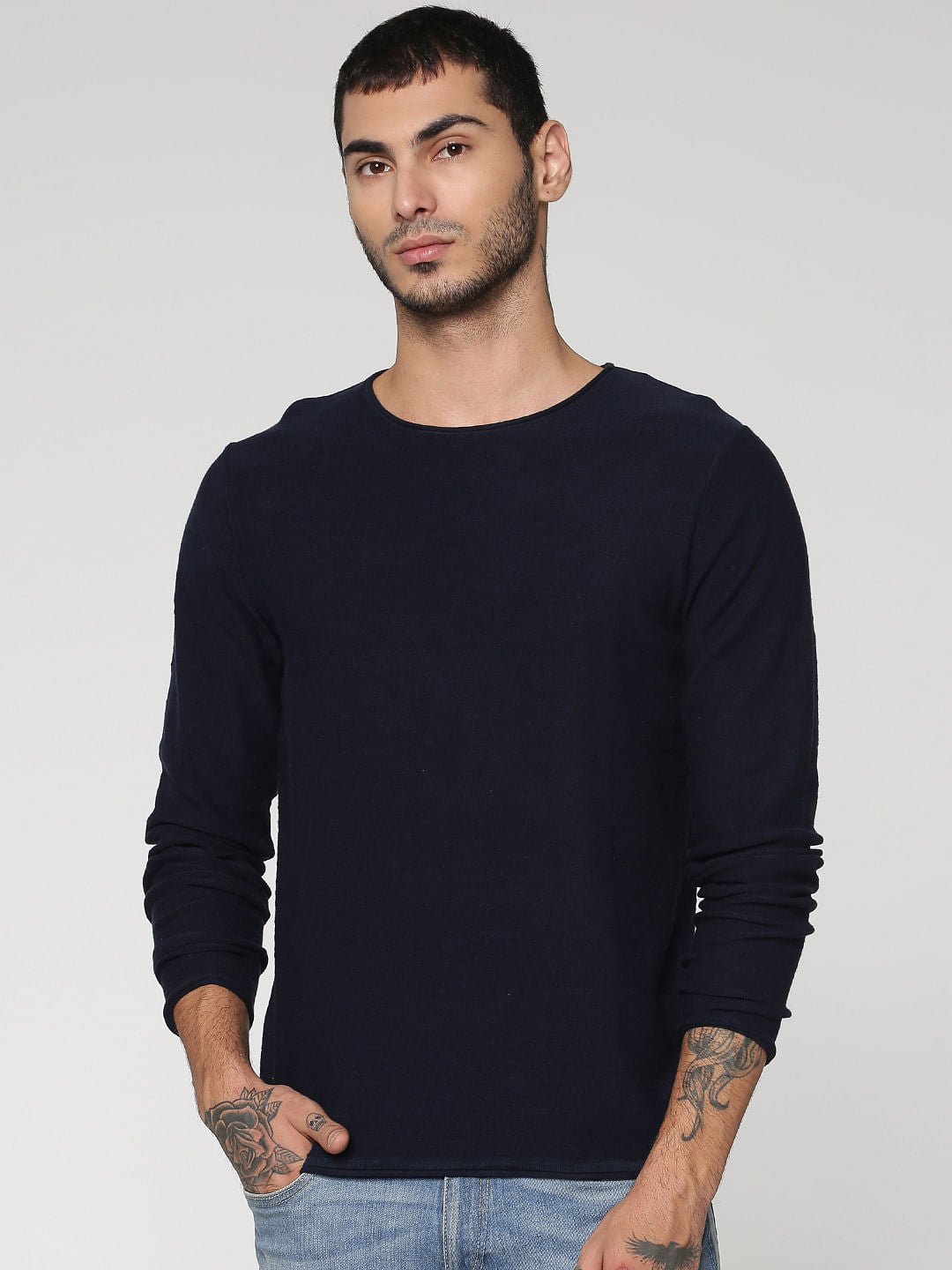 Blue Slim Fit Full Sleeves Crew Neck T-Shirt