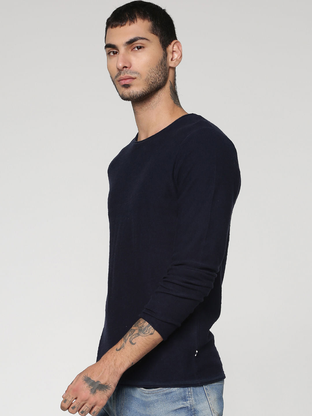 Blue Slim Fit Full Sleeves Crew Neck T-Shirt