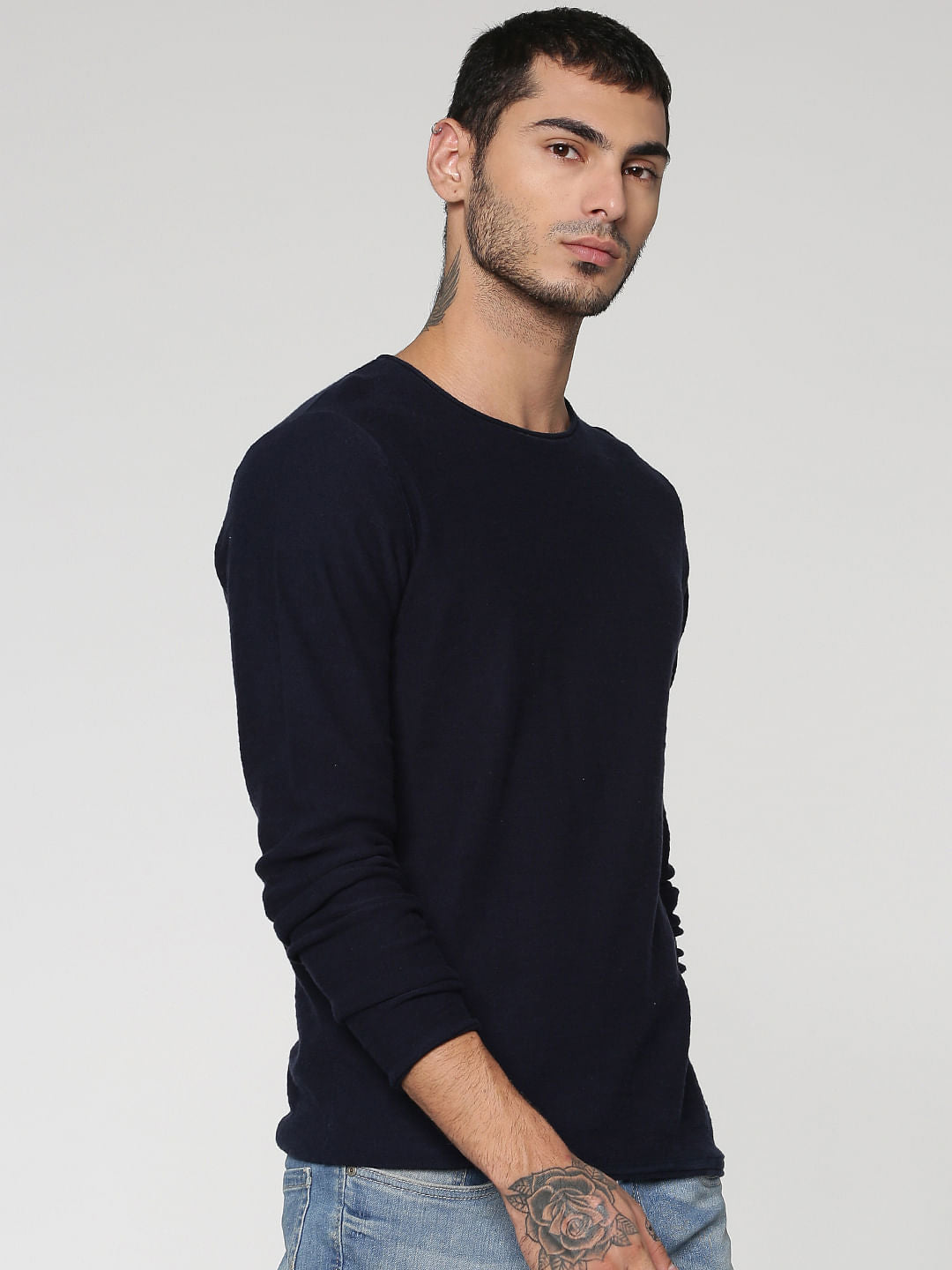 Blue Slim Fit Full Sleeves Crew Neck T-Shirt