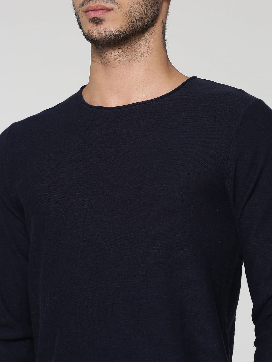 Blue Slim Fit Full Sleeves Crew Neck T-Shirt