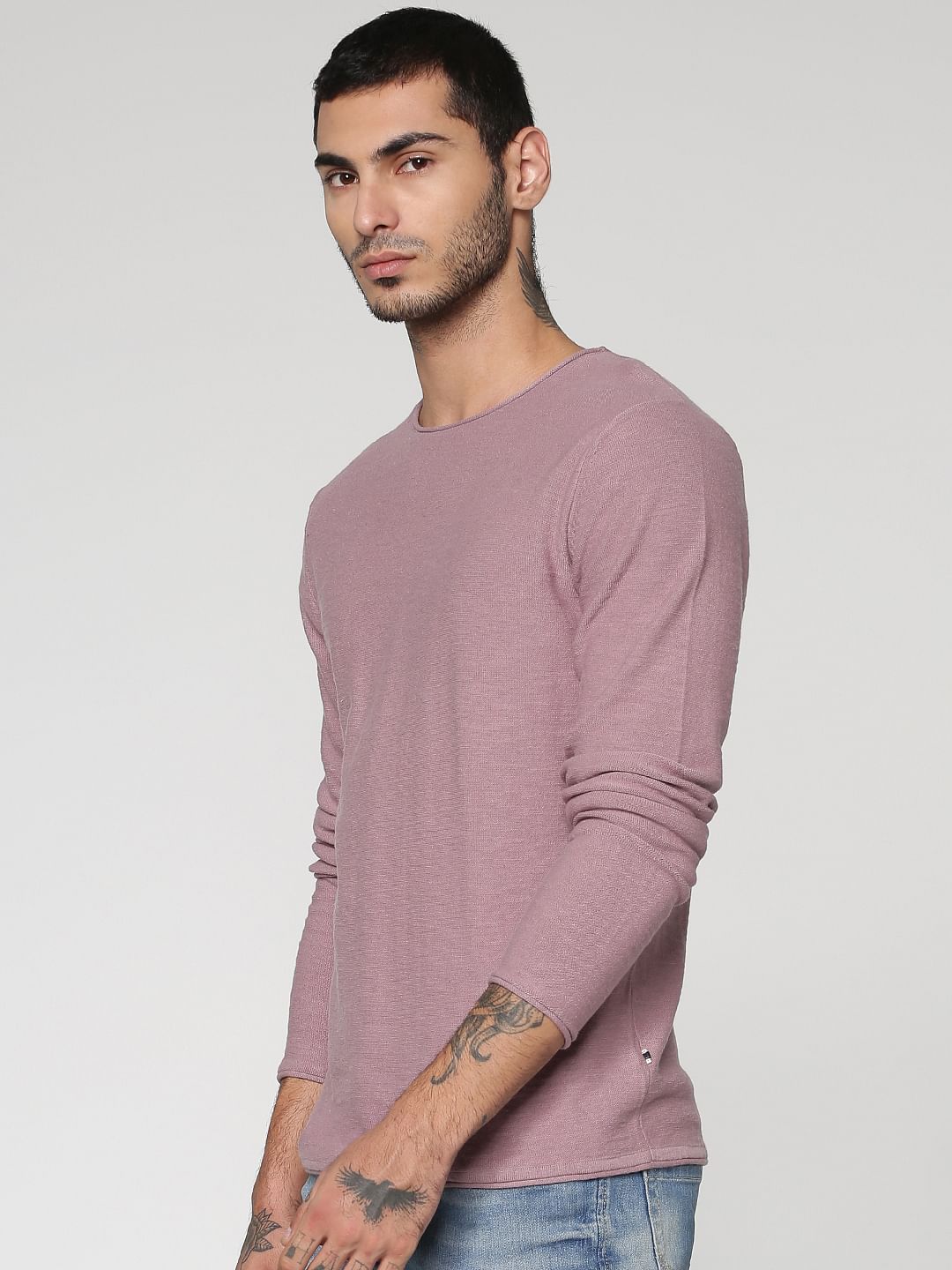 Purple Slim Fit Full Sleeves Crew Neck T-Shirt - S