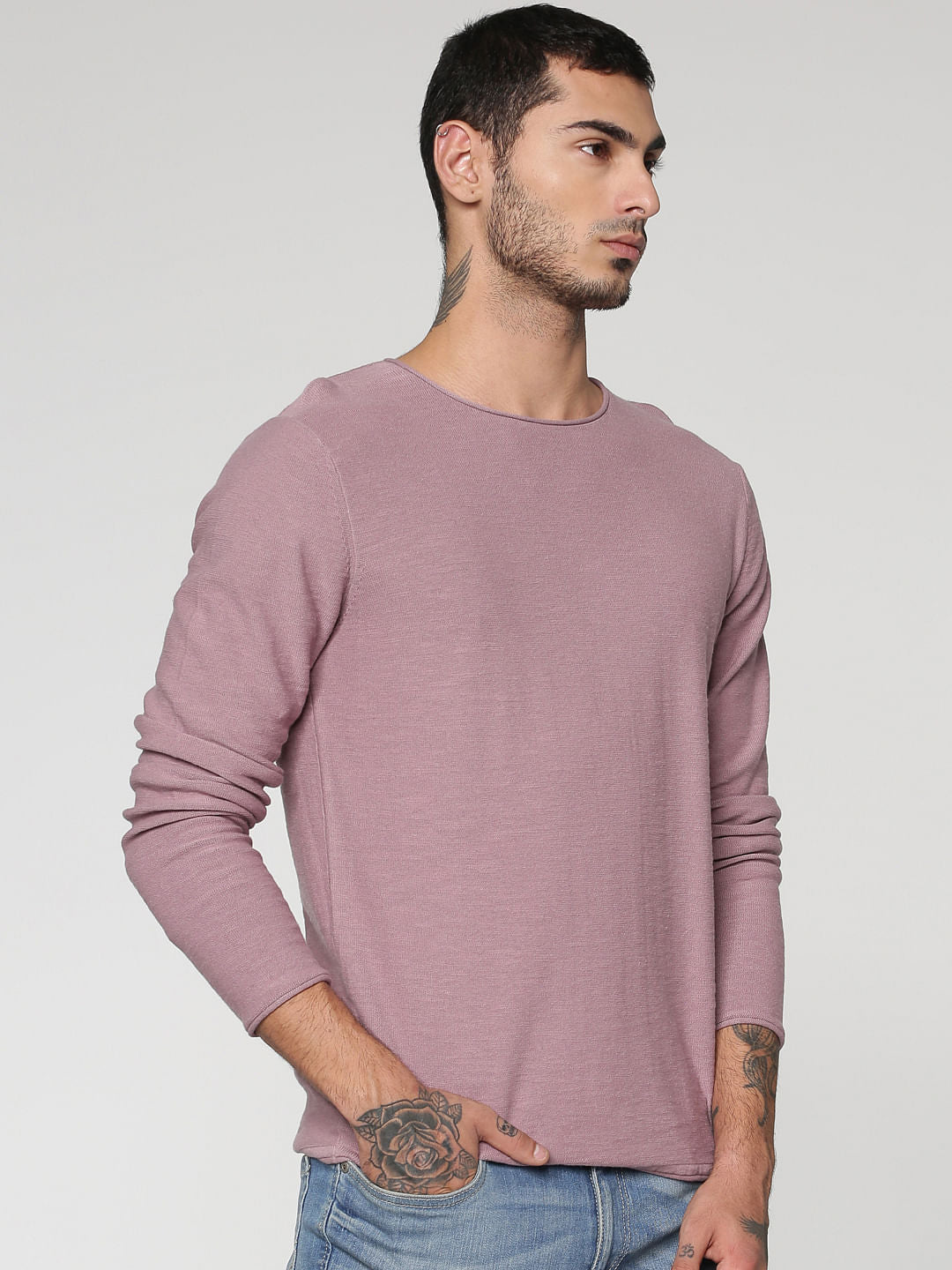 Purple Slim Fit Full Sleeves Crew Neck T-Shirt