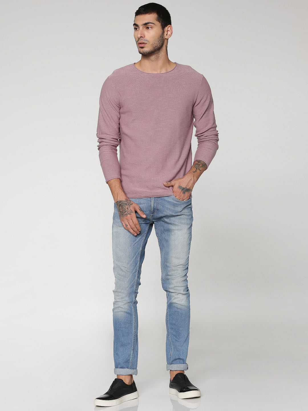 Purple Slim Fit Full Sleeves Crew Neck T-Shirt