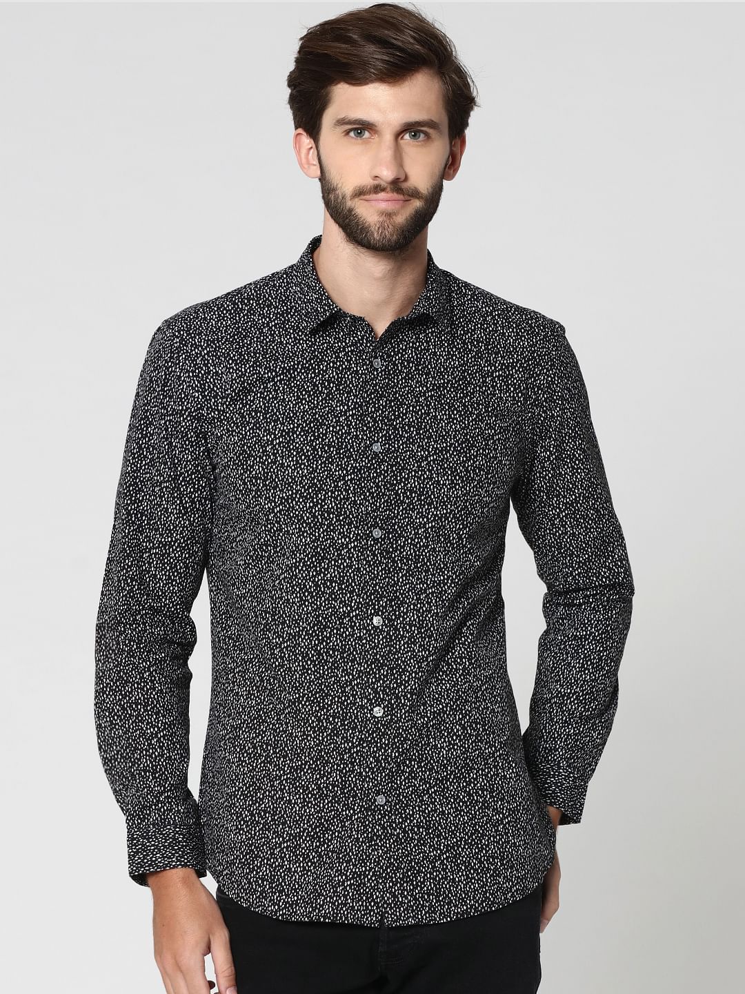 Dark Grey All Over Print Full Sleeves Shirt - S