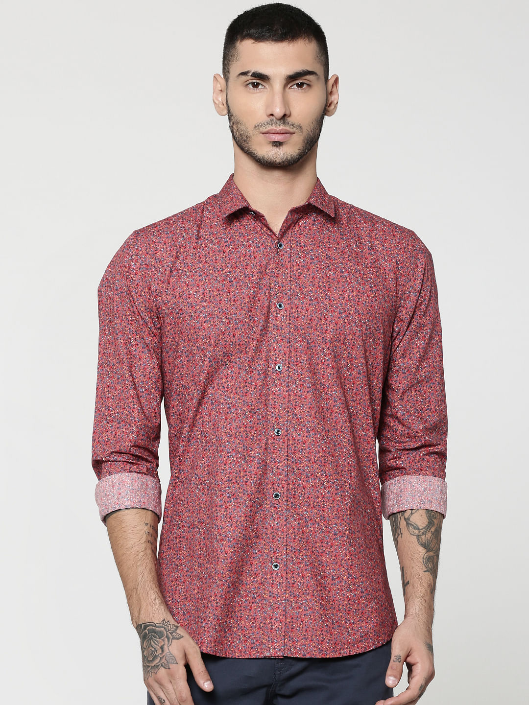 Brown Printed Full Sleeves Slim Fit Shirt - S