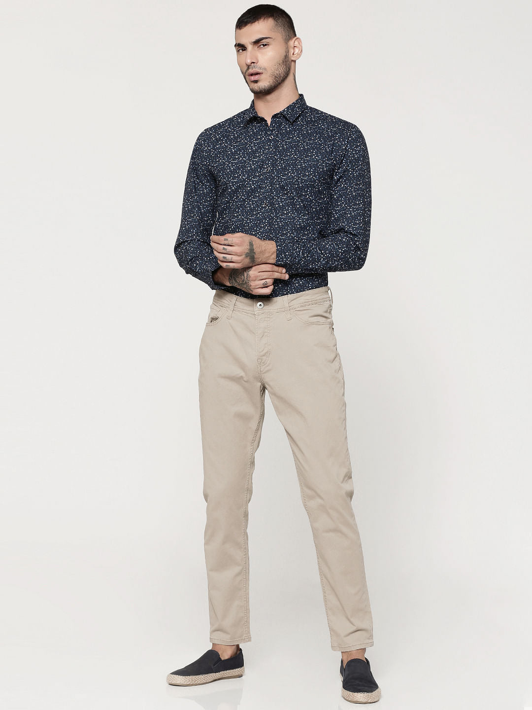 Dark Blue Printed Full Sleeves Slim Fit Shirt