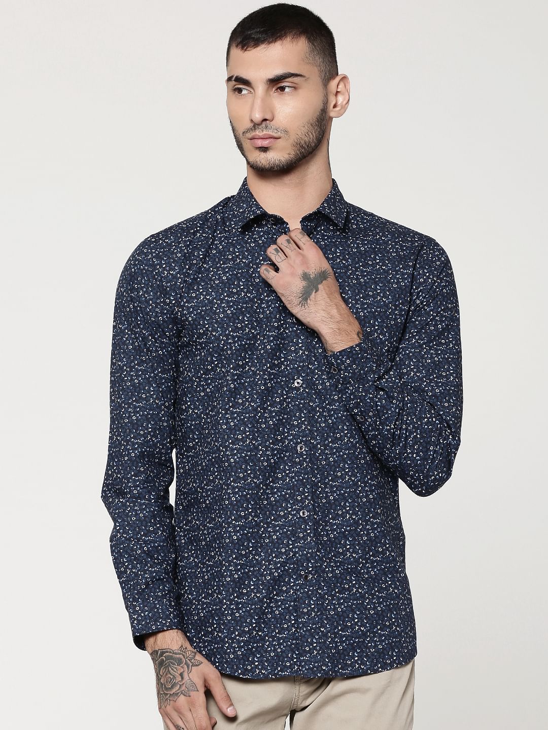 Dark Blue Printed Full Sleeves Slim Fit Shirt - S