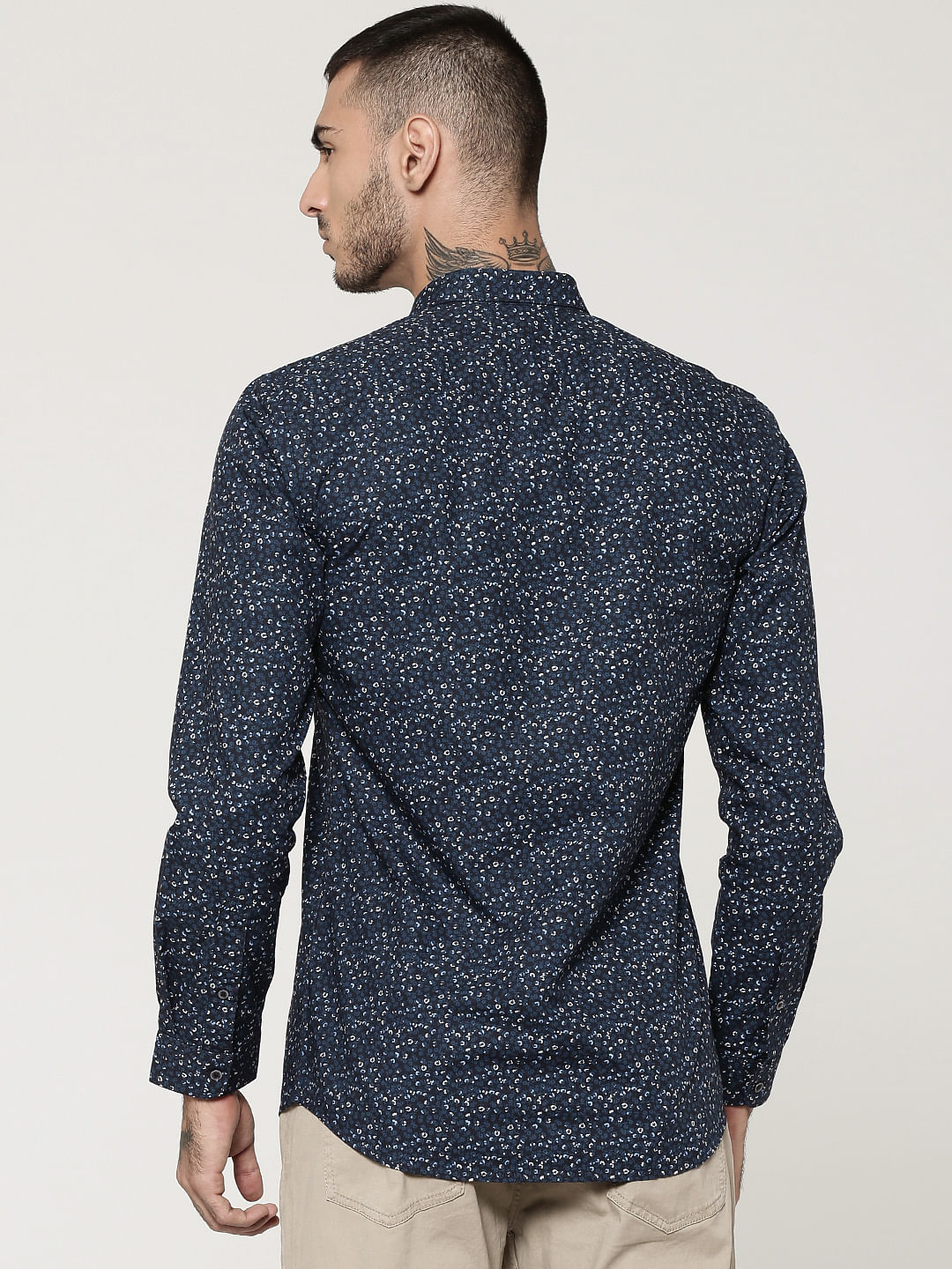 Dark Blue Printed Full Sleeves Slim Fit Shirt