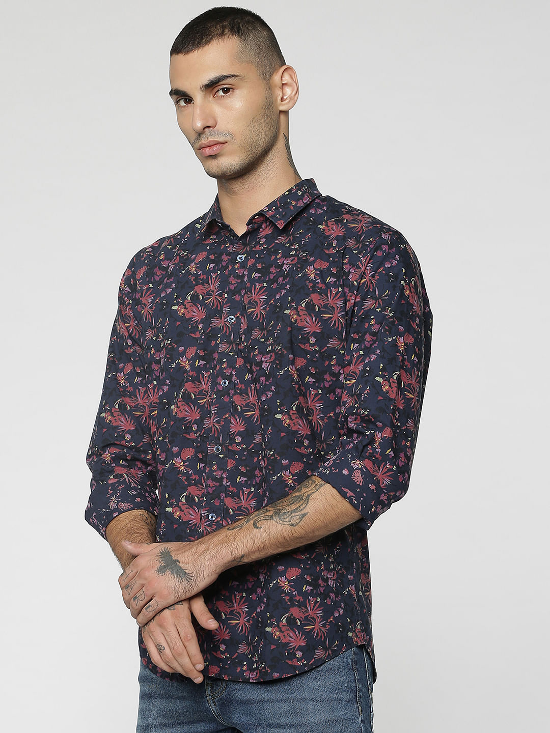 Dark Blue All Over Print Full Sleeves Shirt - S