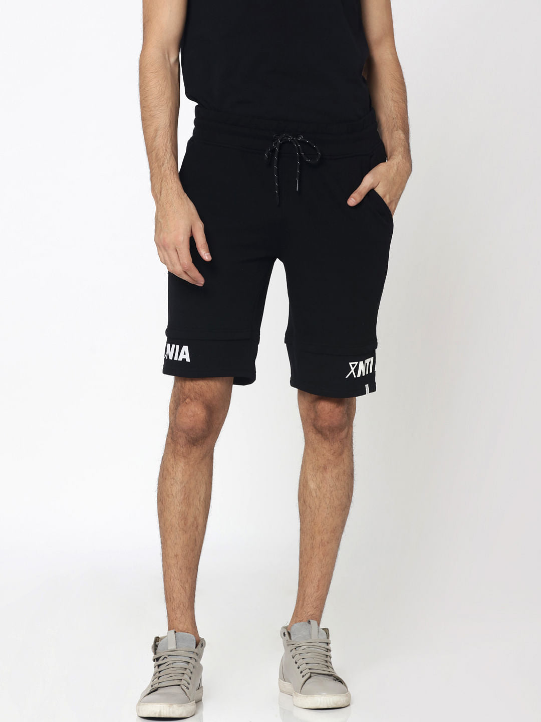 Black Drawstring Text Print Sweatshorts - S
