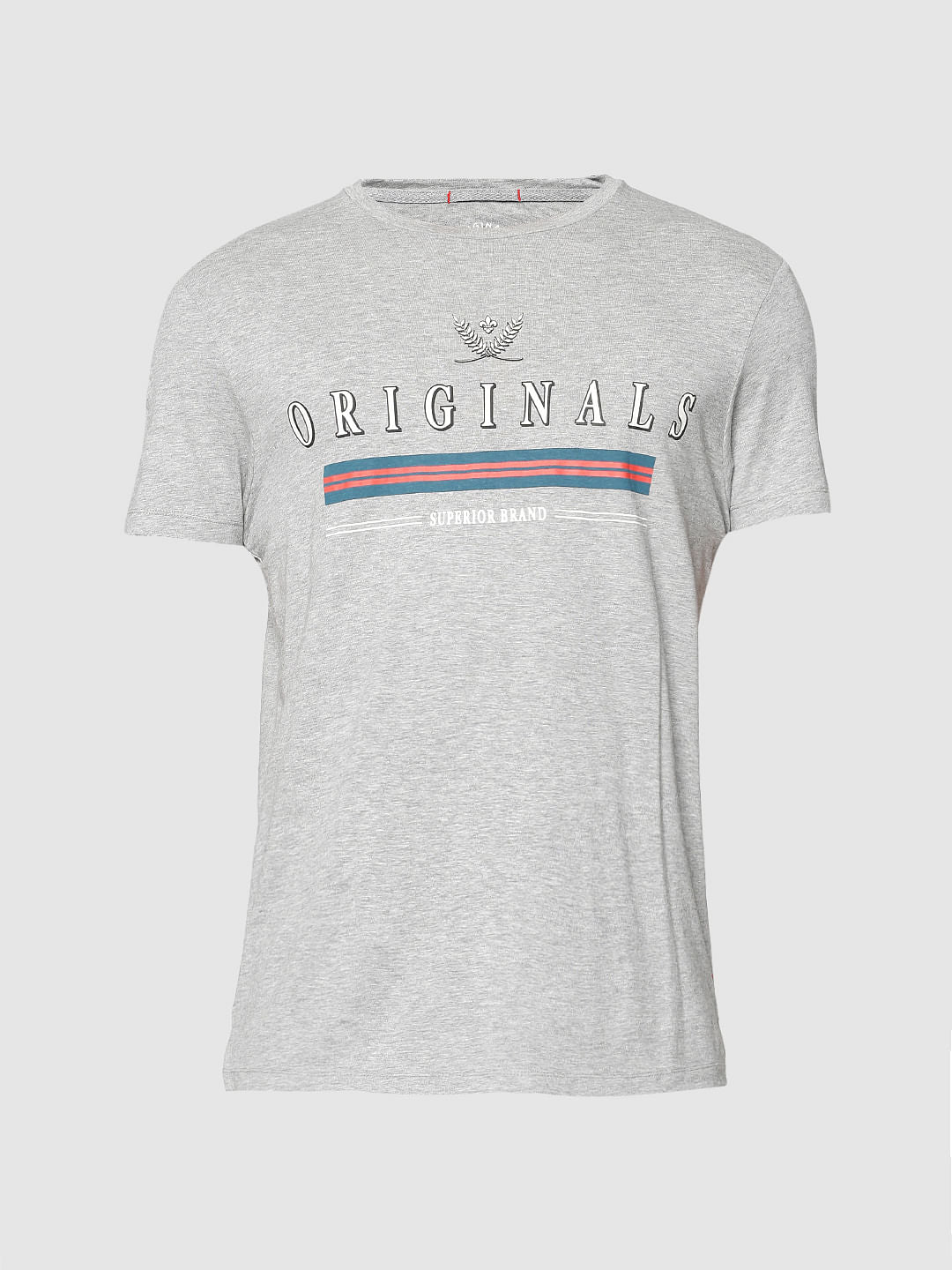 Grey Text Print Slim Fit Crew Neck T-Shirt