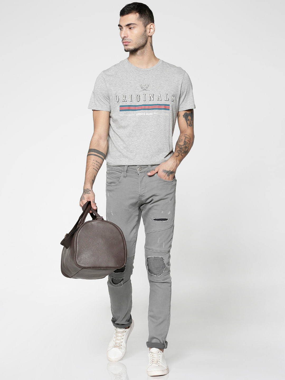 Grey Text Print Slim Fit Crew Neck T-Shirt
