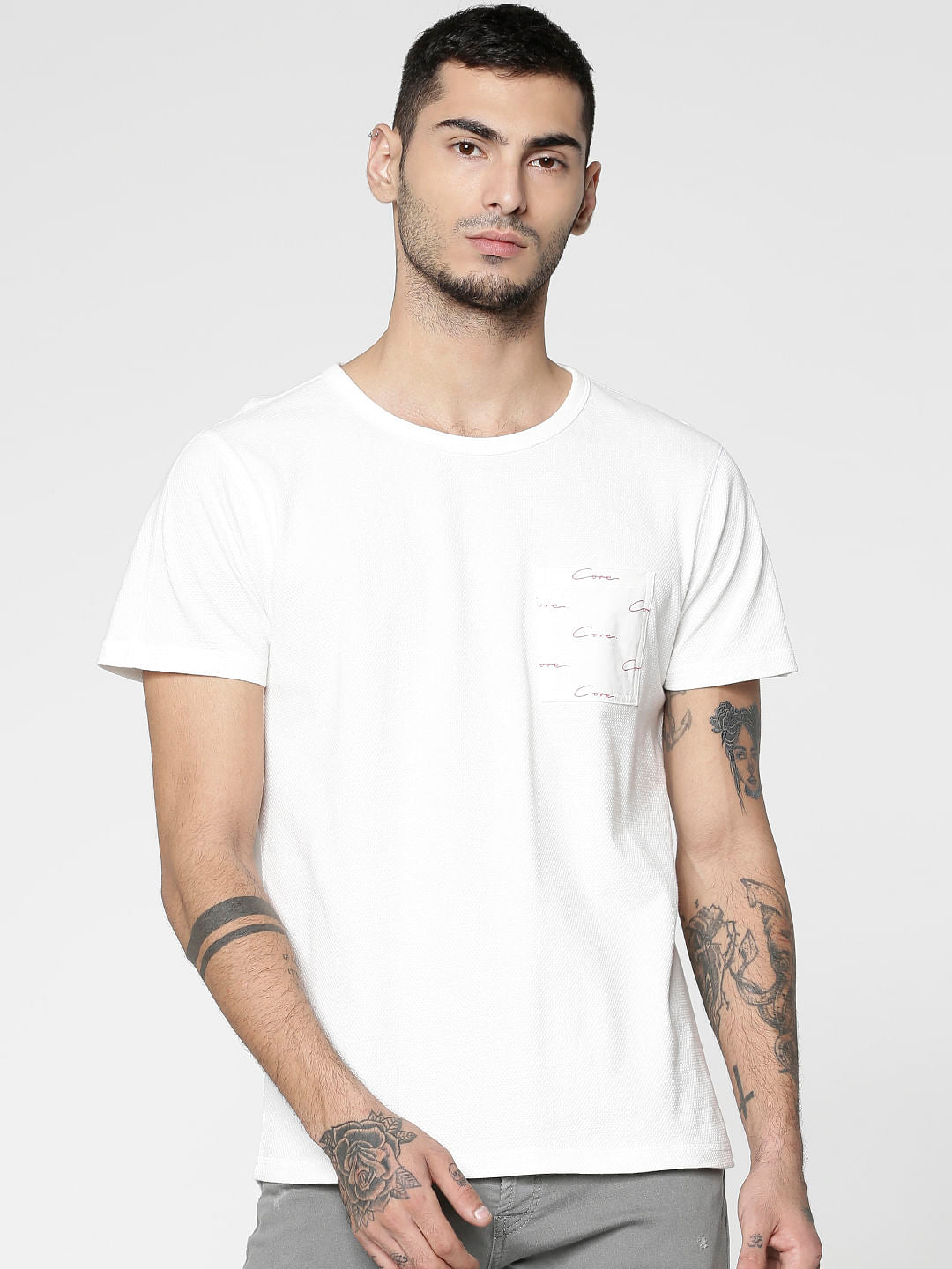 White Printed Patch Pocket Slim Fit Crew Neck T-Shirt - S