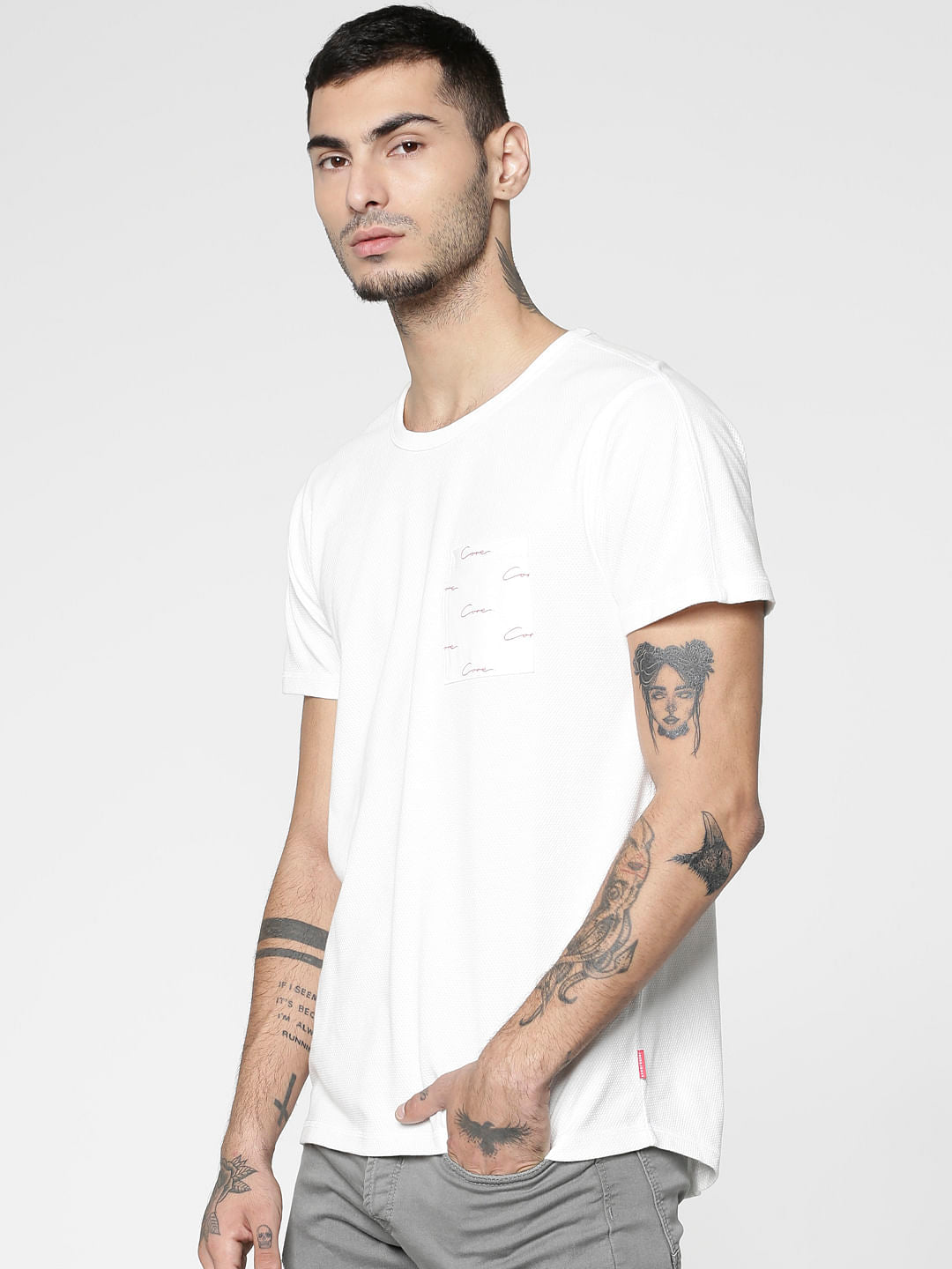 White Printed Patch Pocket Slim Fit Crew Neck T-Shirt