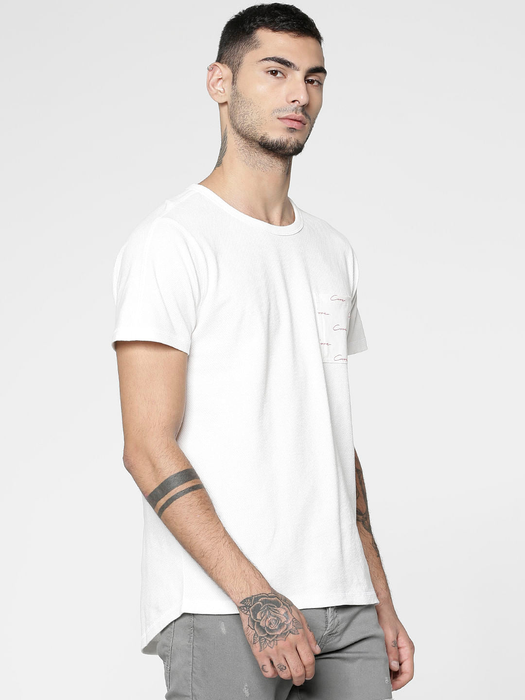 White Printed Patch Pocket Slim Fit Crew Neck T-Shirt