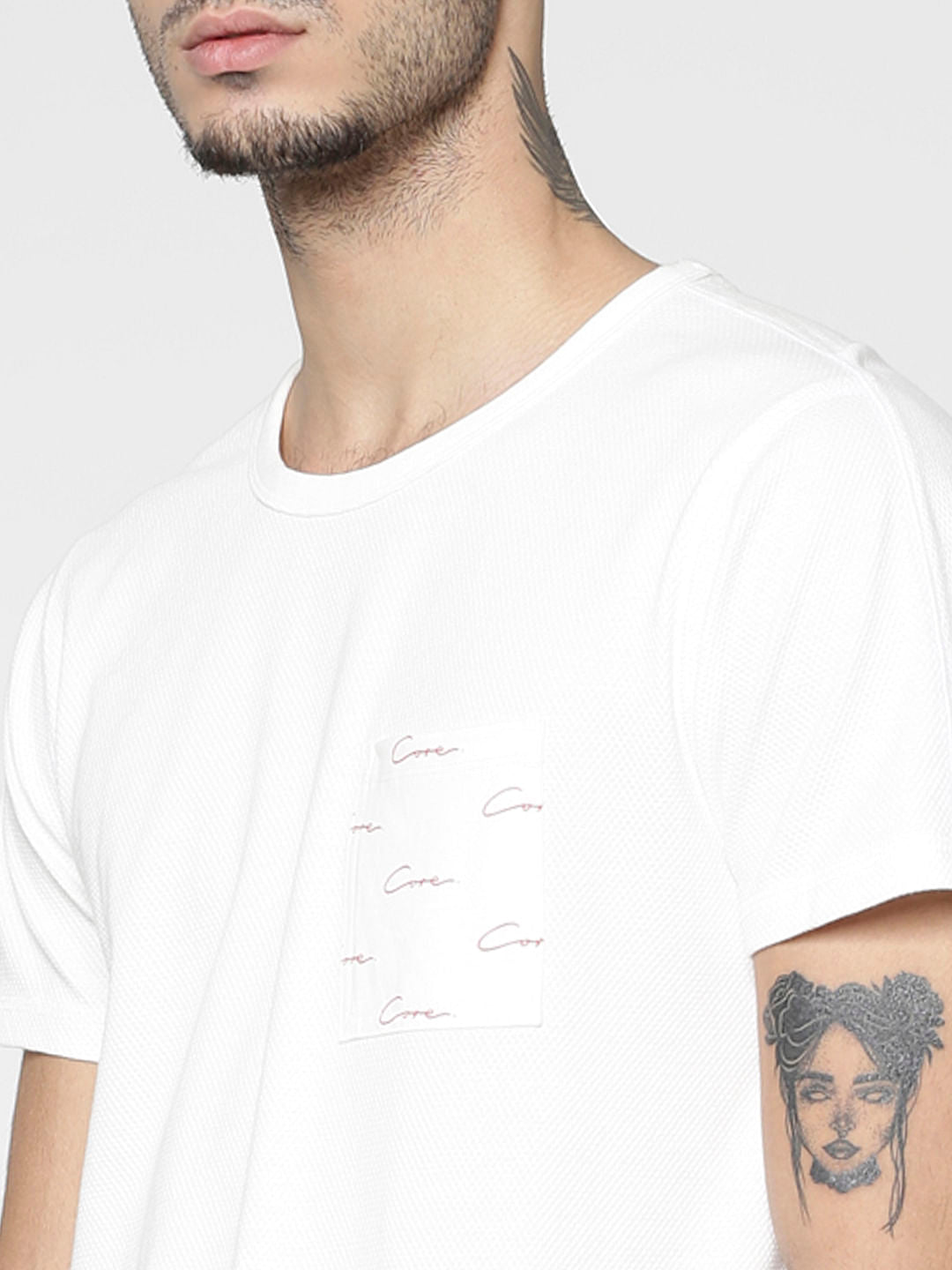 White Printed Patch Pocket Slim Fit Crew Neck T-Shirt