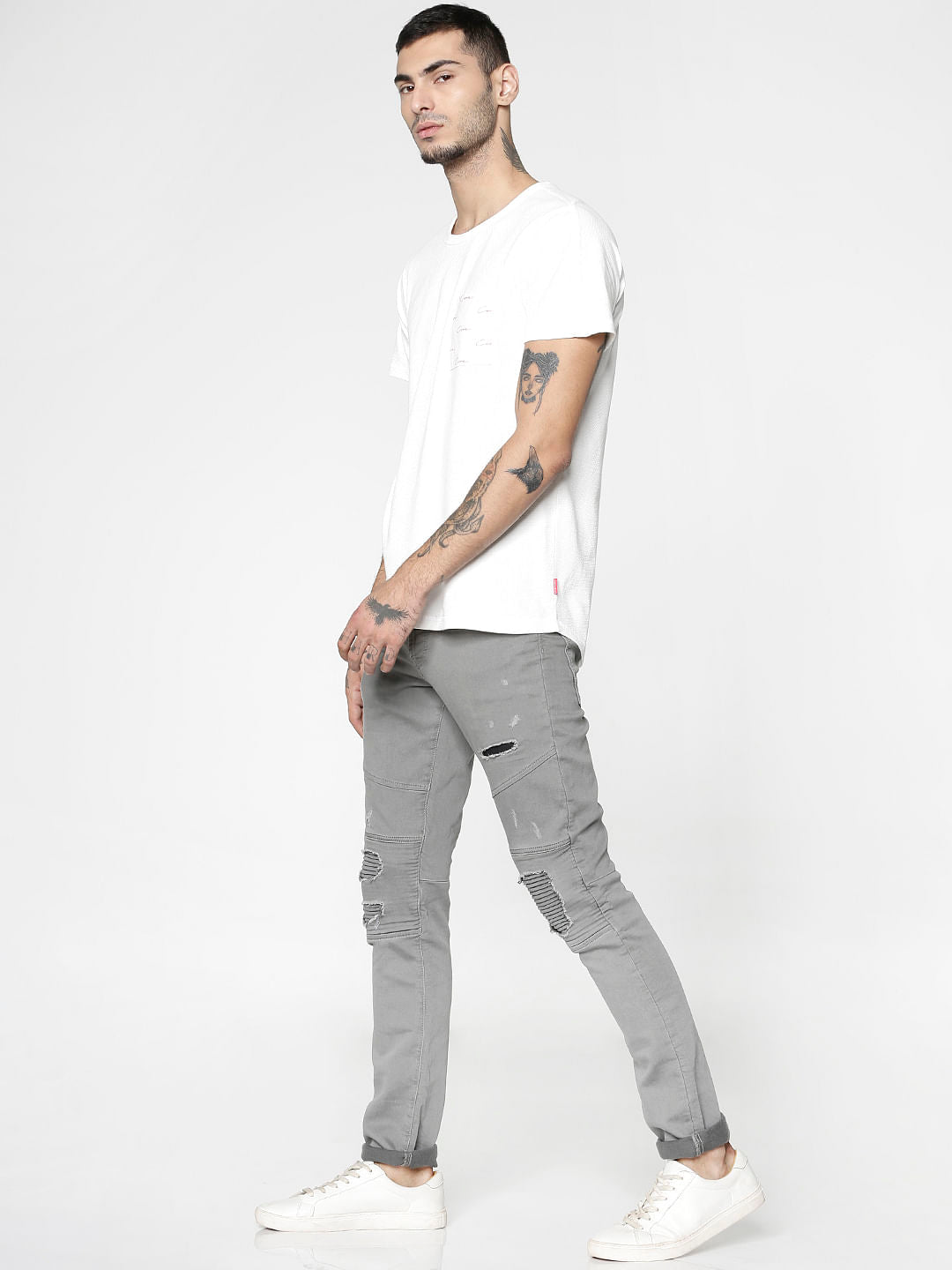 White Printed Patch Pocket Slim Fit Crew Neck T-Shirt