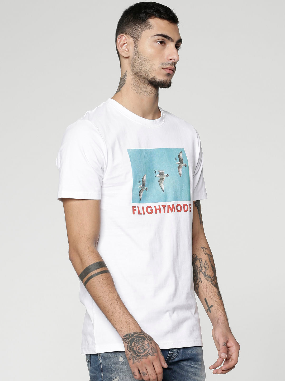 White Graphic Print Slim Fit Crew Neck T-Shirt