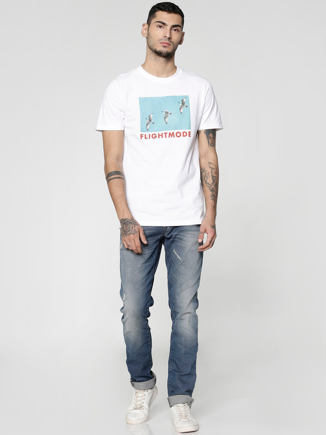 White Graphic Print Slim Fit Crew Neck T-Shirt