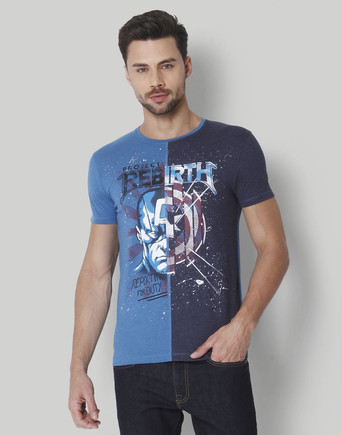 X Marvel Blue Colourblocked Graphic Print Crew Neck T-Shirt