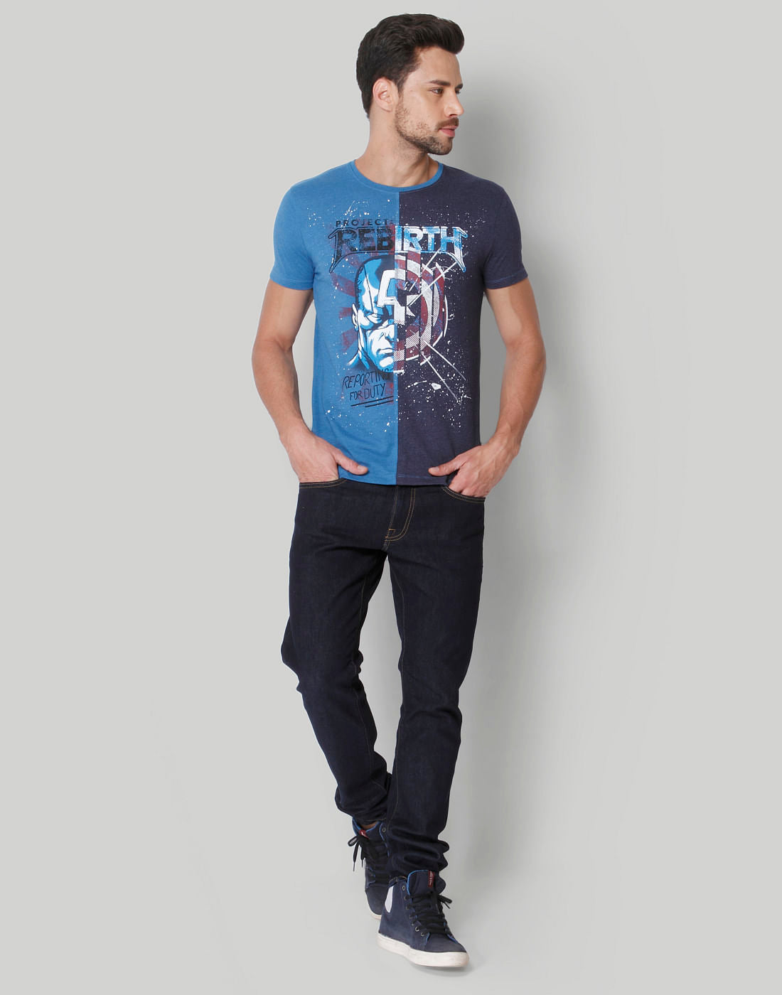 X Marvel Blue Colourblocked Graphic Print Crew Neck T-Shirt
