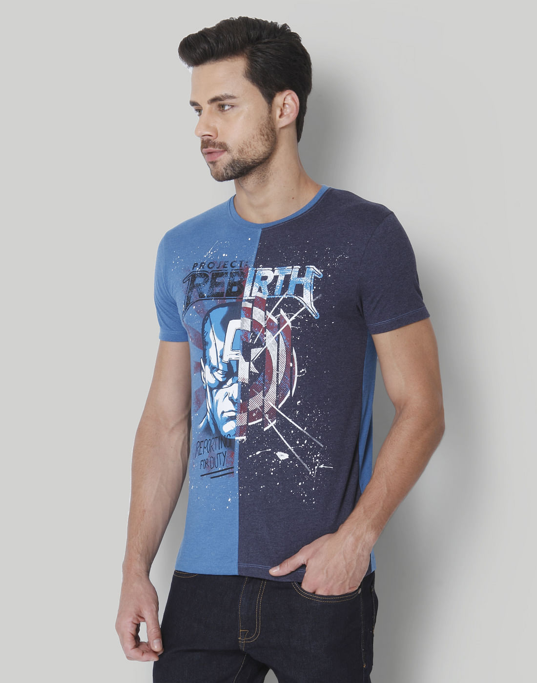 X Marvel Blue Colourblocked Graphic Print Crew Neck T-Shirt