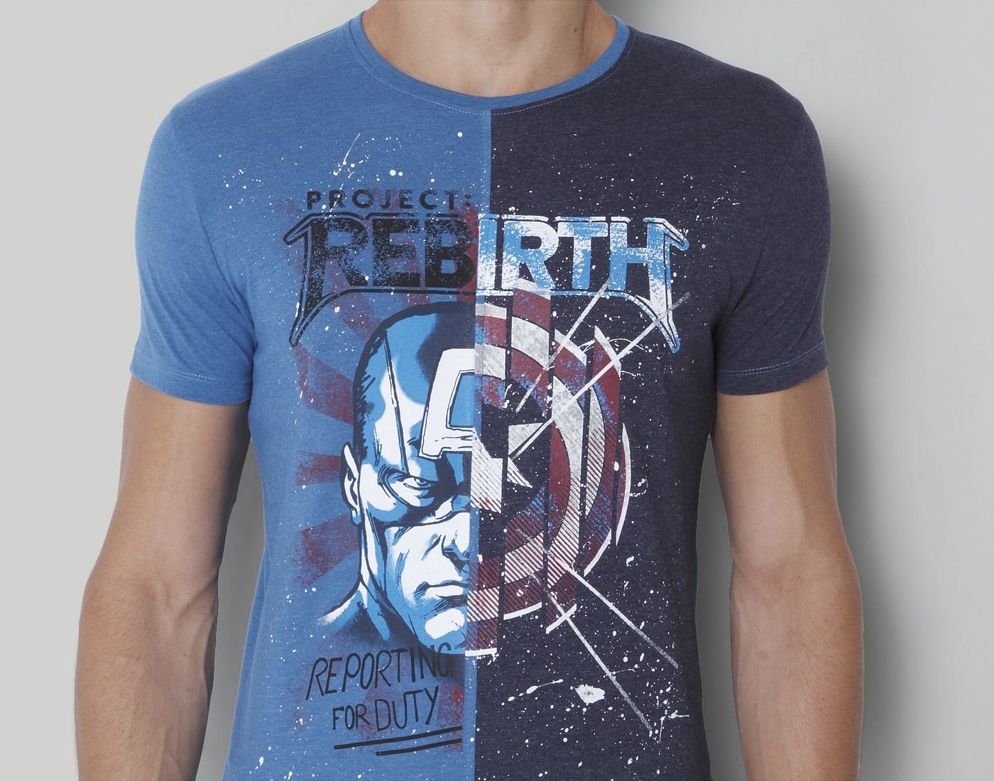 X Marvel Blue Colourblocked Graphic Print Crew Neck T-Shirt
