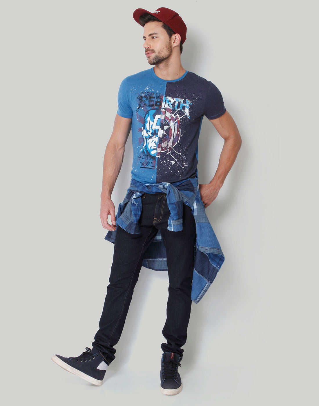 X Marvel Blue Colourblocked Graphic Print Crew Neck T-Shirt