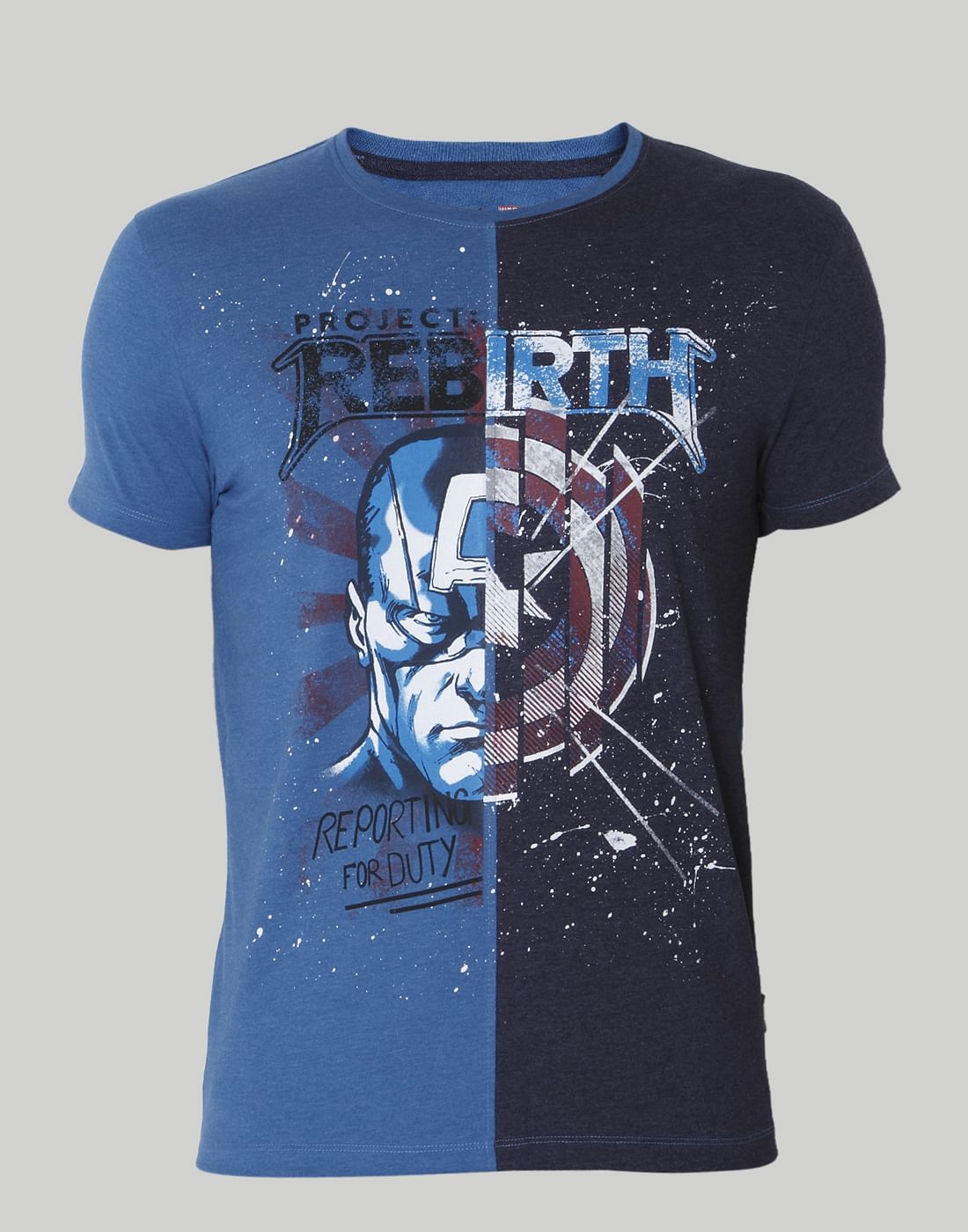 X Marvel Blue Colourblocked Graphic Print Crew Neck T-Shirt