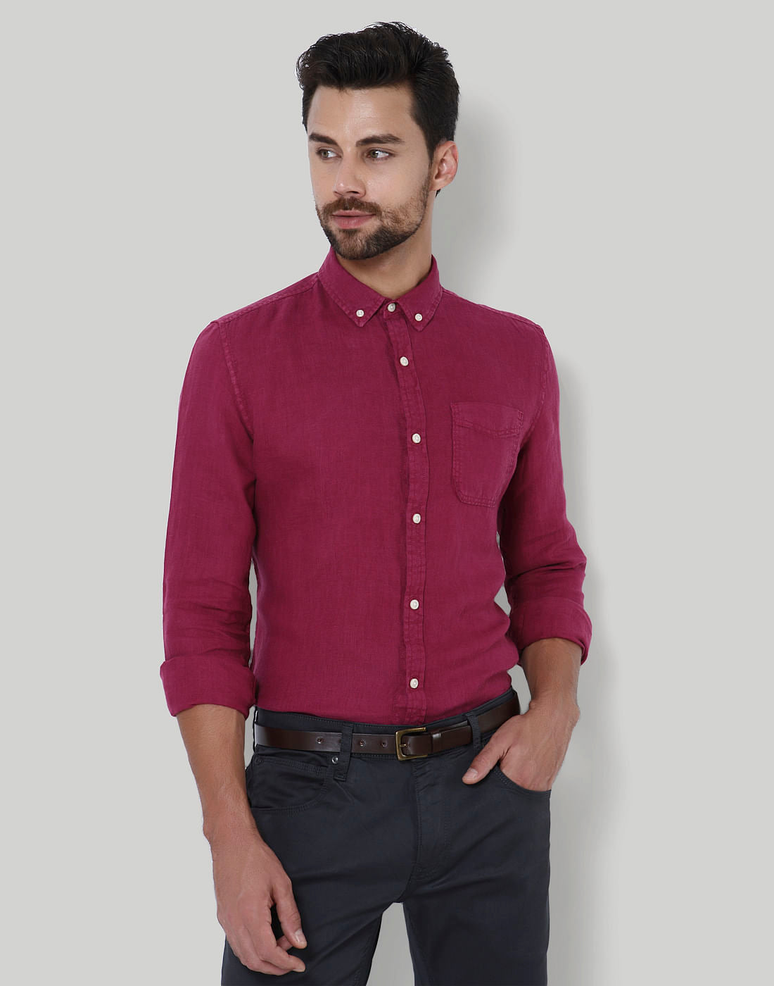 Maroon Slim Fit Linen Shirt - M