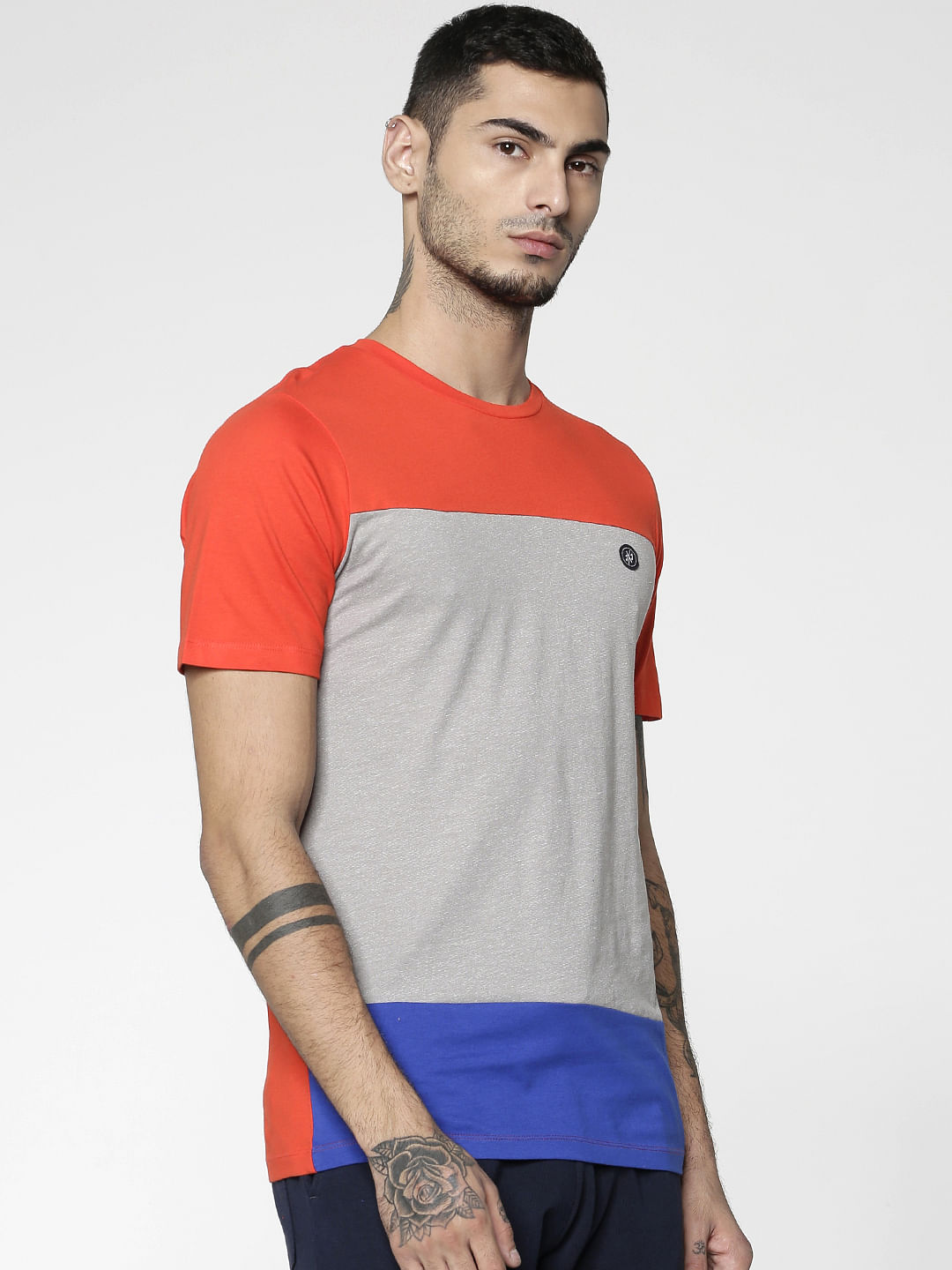 Red Colour Blocked Slim Fit Crew Neck T-Shirt