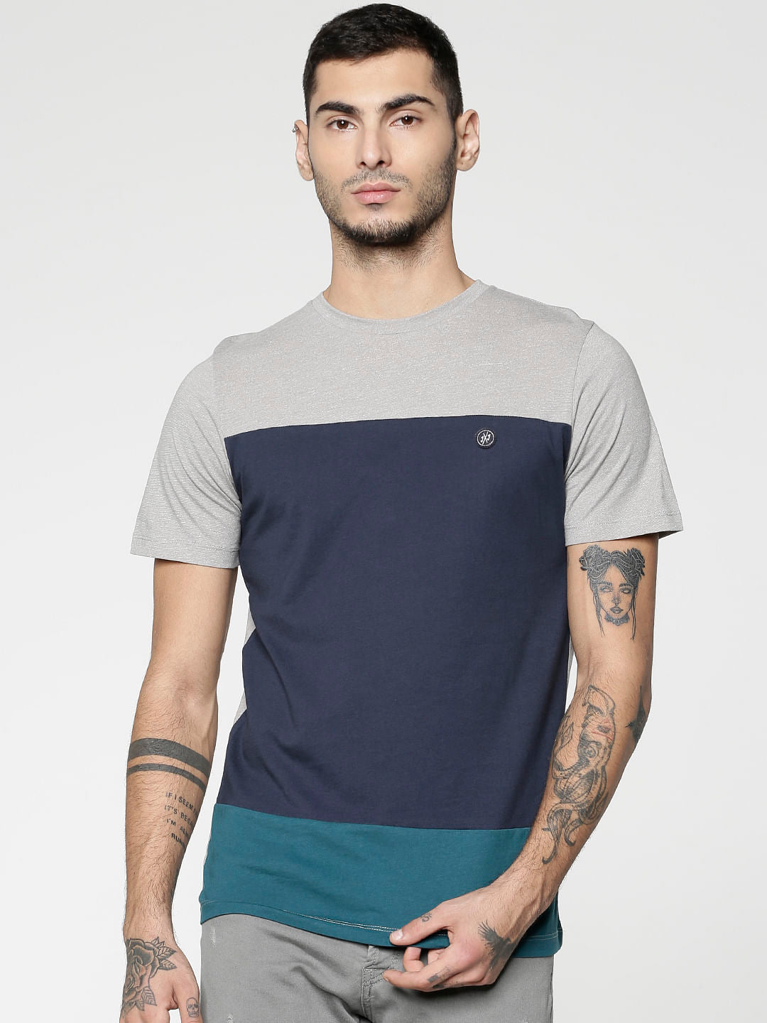 Grey Colour Blocked Slim Fit Crew Neck T-Shirt