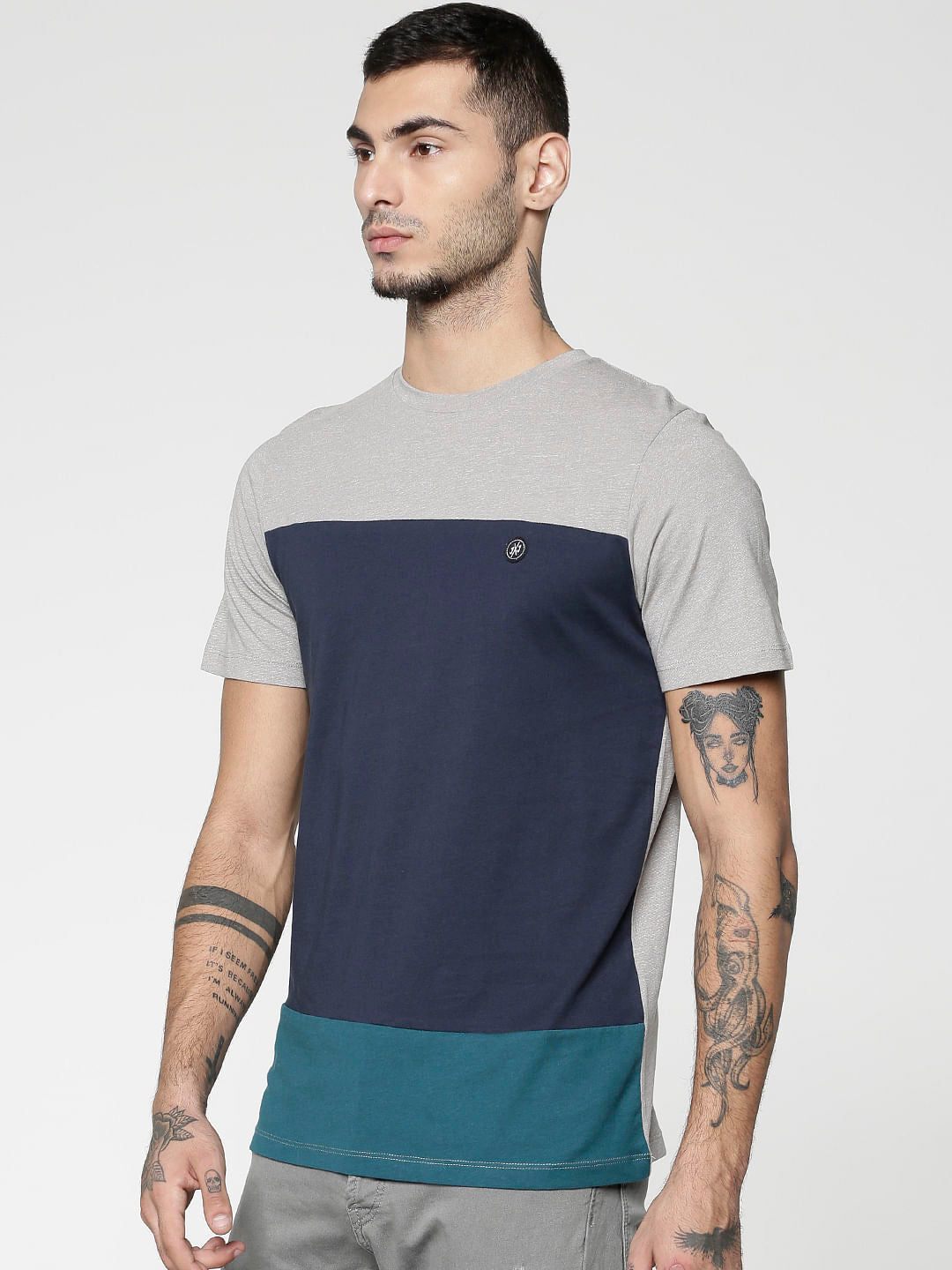 Grey Colour Blocked Slim Fit Crew Neck T-Shirt
