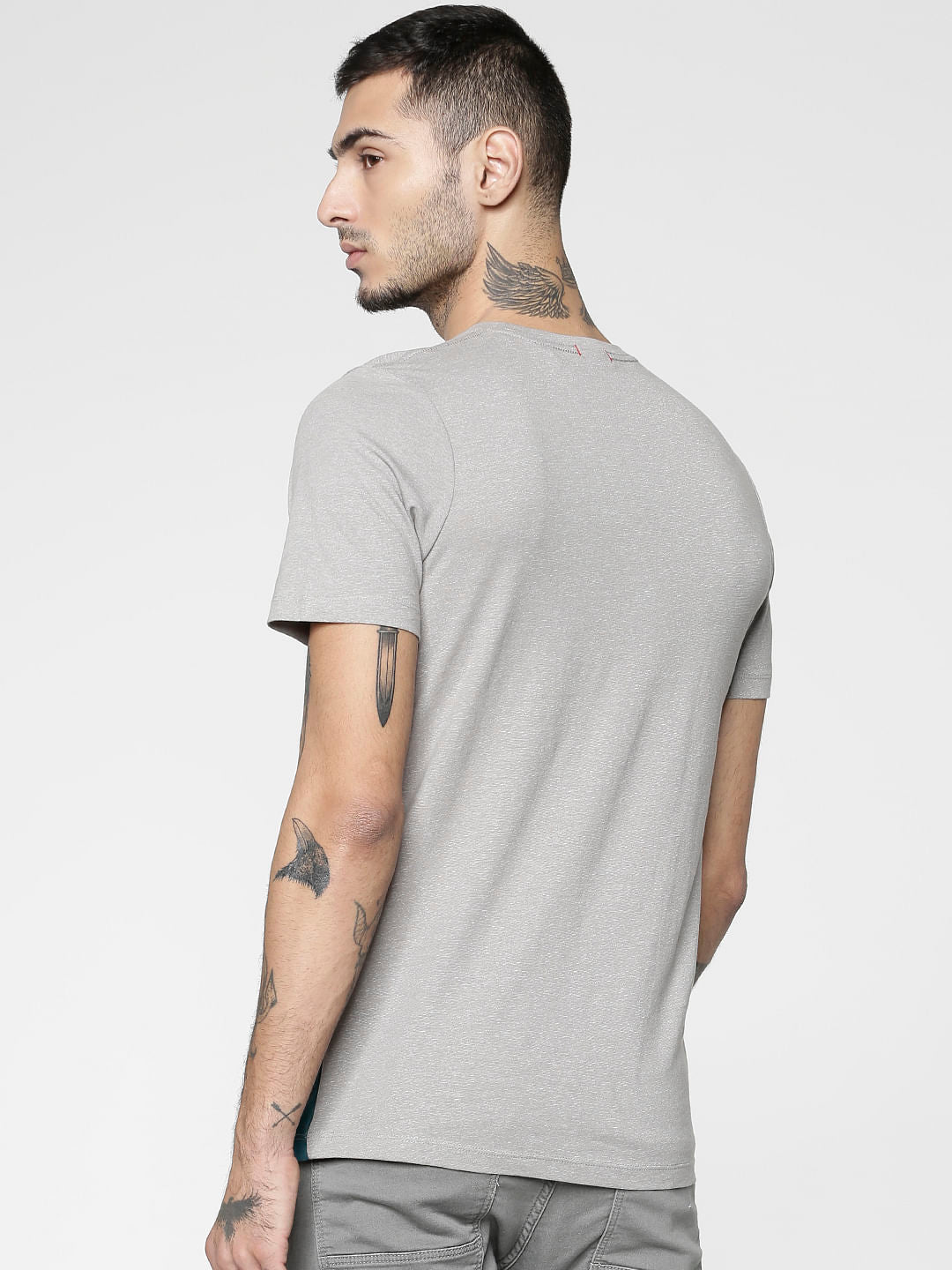 Grey Colour Blocked Slim Fit Crew Neck T-Shirt