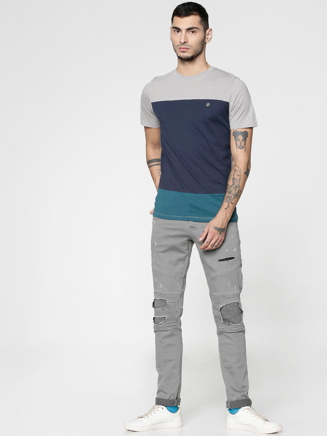 Grey Colour Blocked Slim Fit Crew Neck T-Shirt
