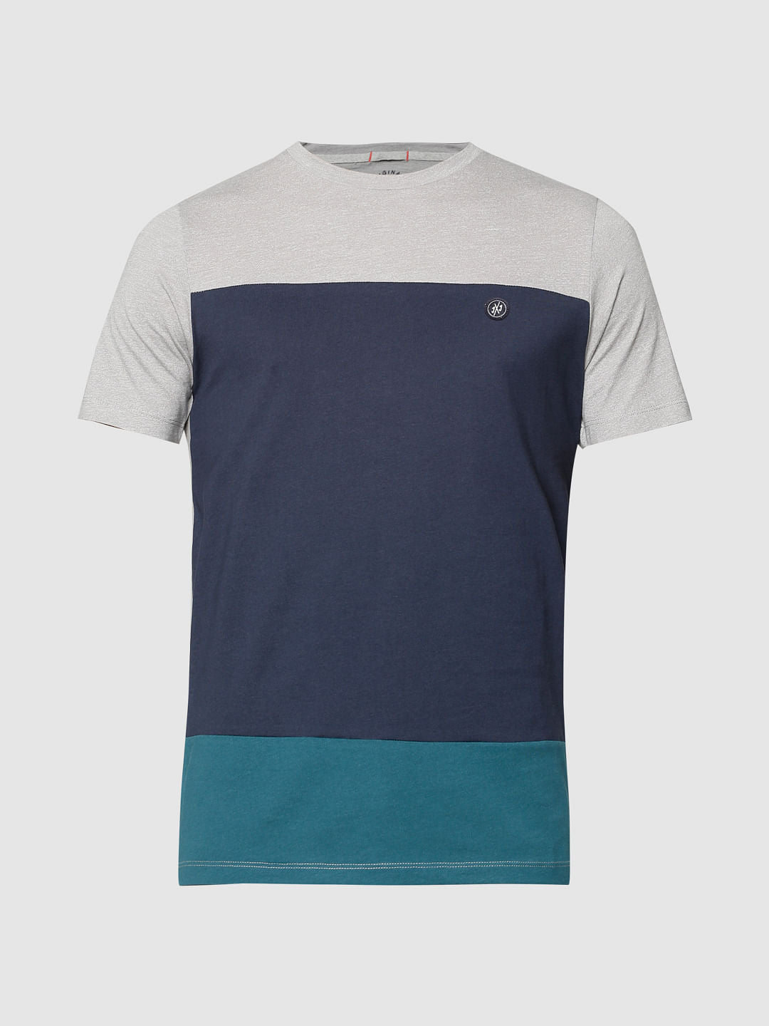 Grey Colour Blocked Slim Fit Crew Neck T-Shirt