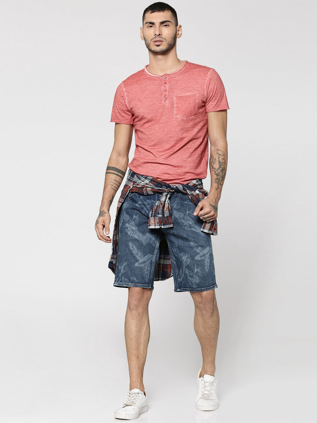 Dark Blue Palm Print Mid Rise Regular Fit Shorts