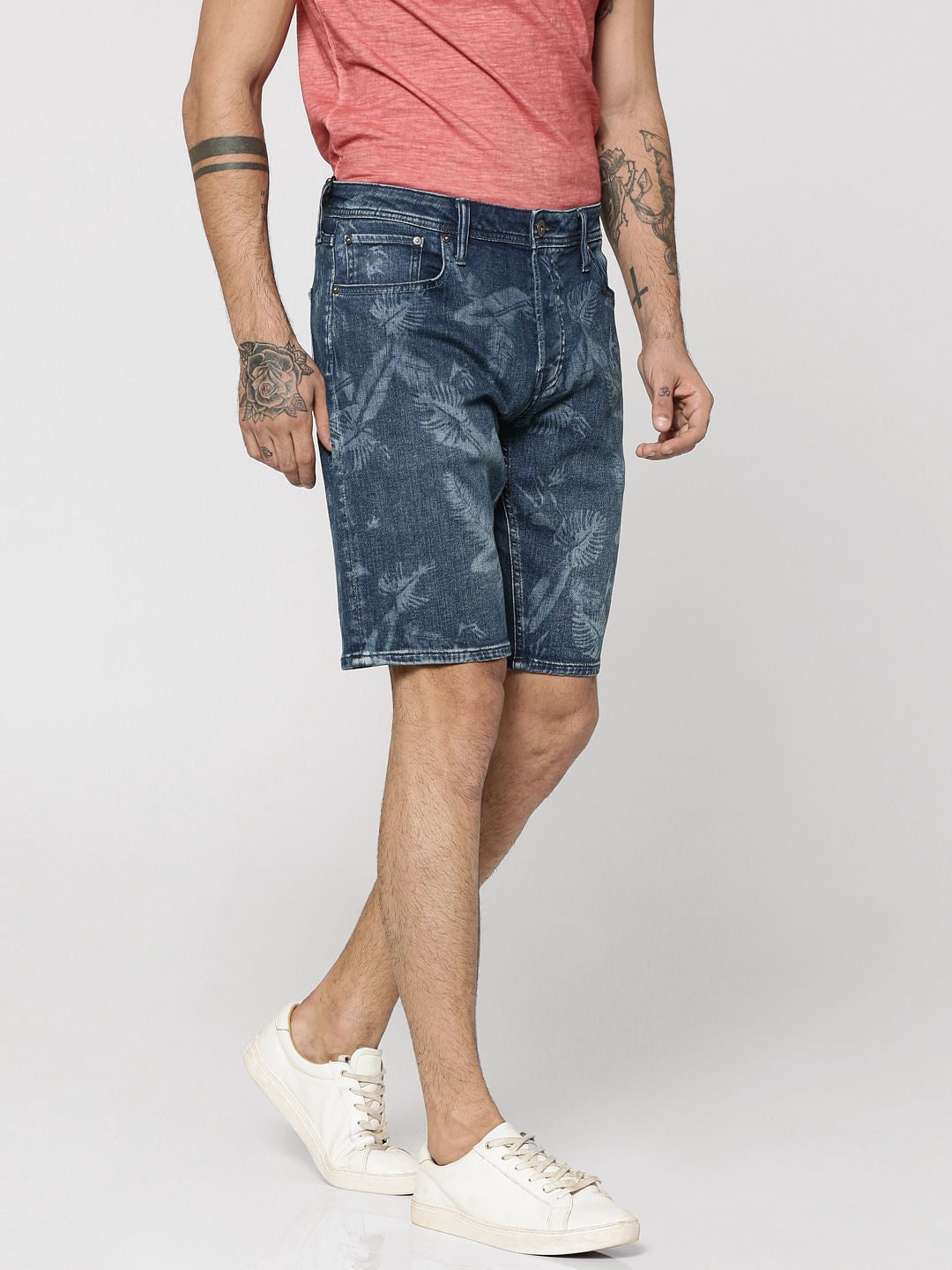 Dark Blue Palm Print Mid Rise Regular Fit Shorts
