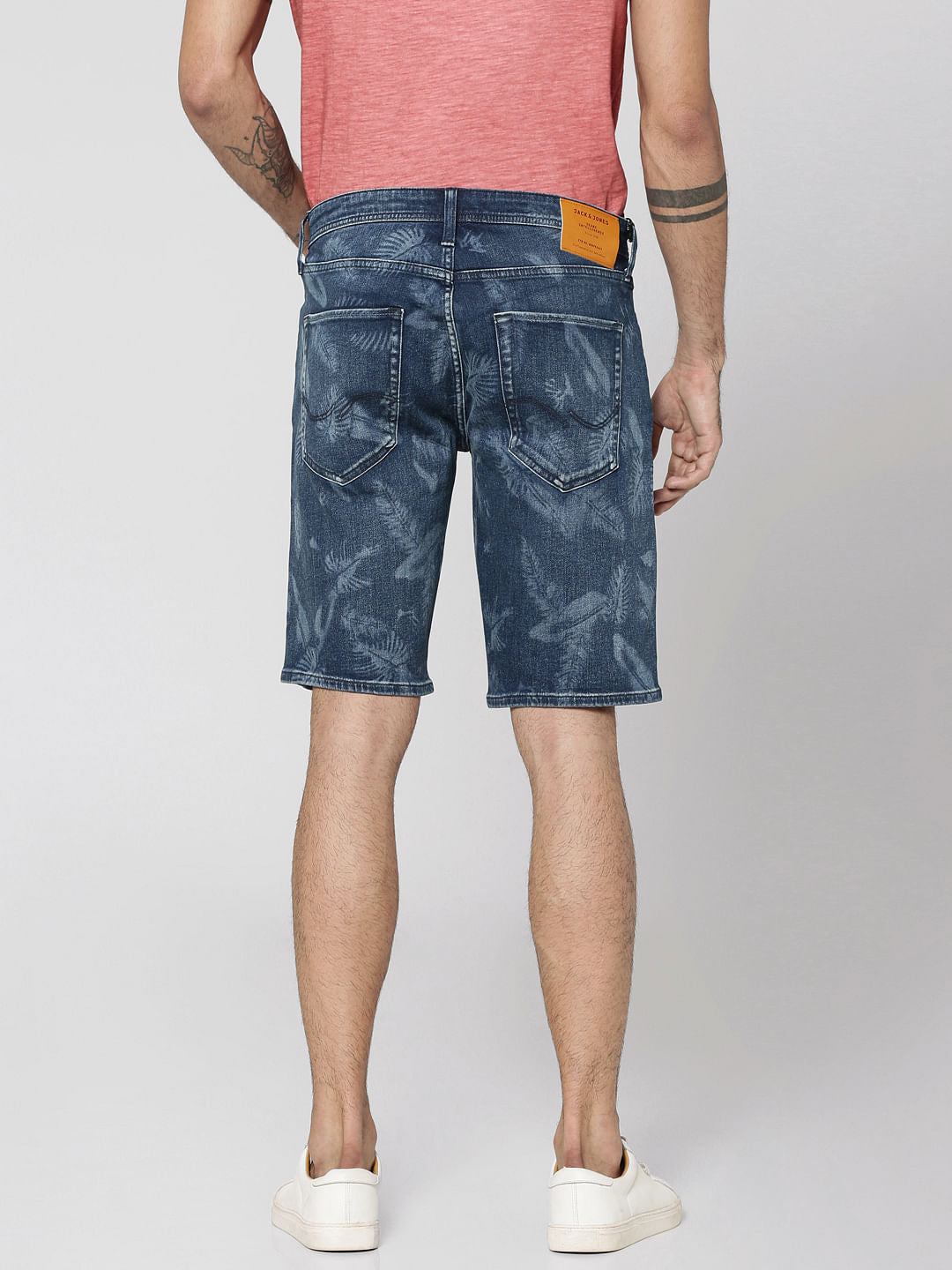 Dark Blue Palm Print Mid Rise Regular Fit Shorts
