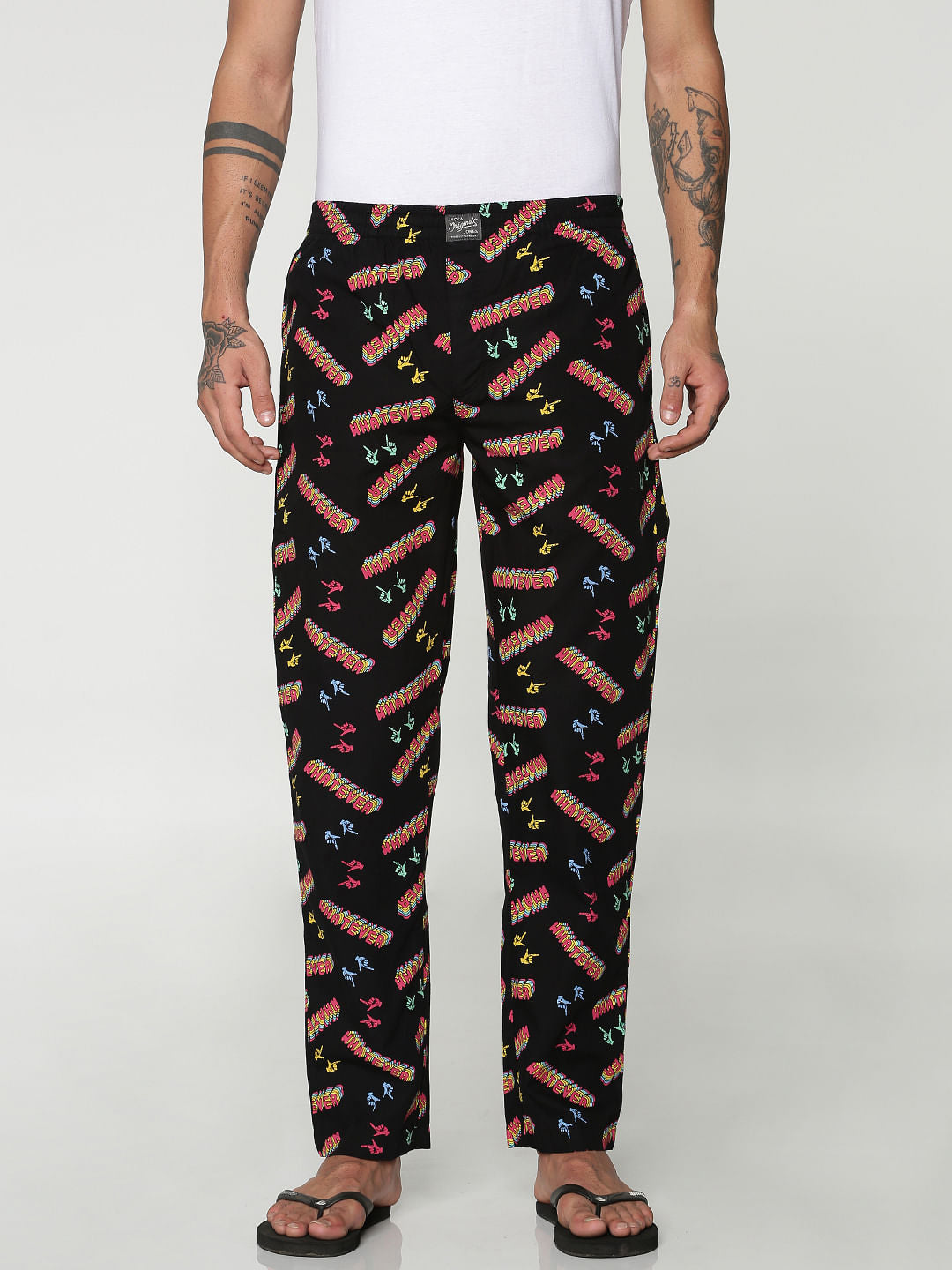 Black All Over Whatever Text Print Pyjama - S