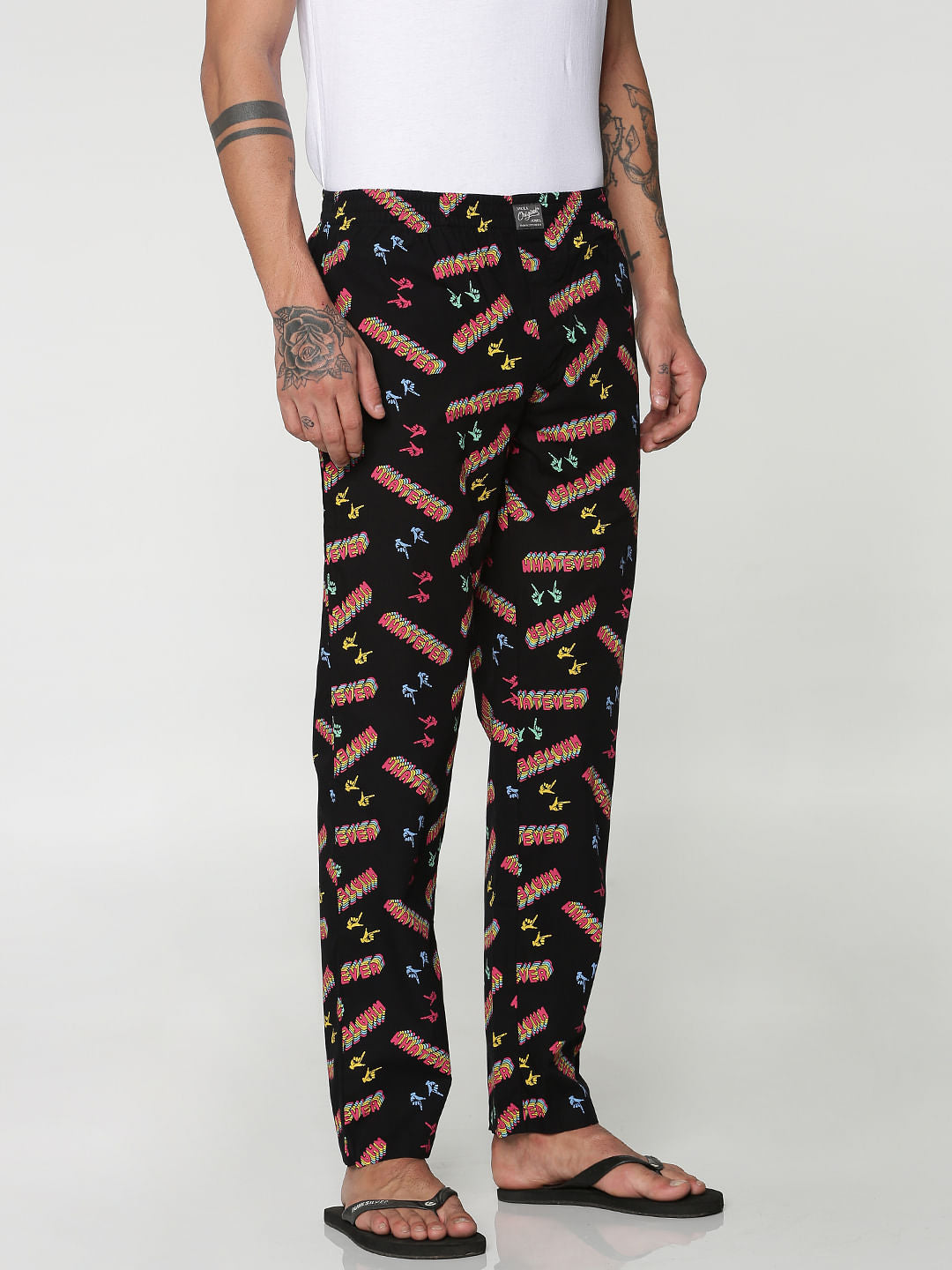 Black All Over Whatever Text Print Pyjama