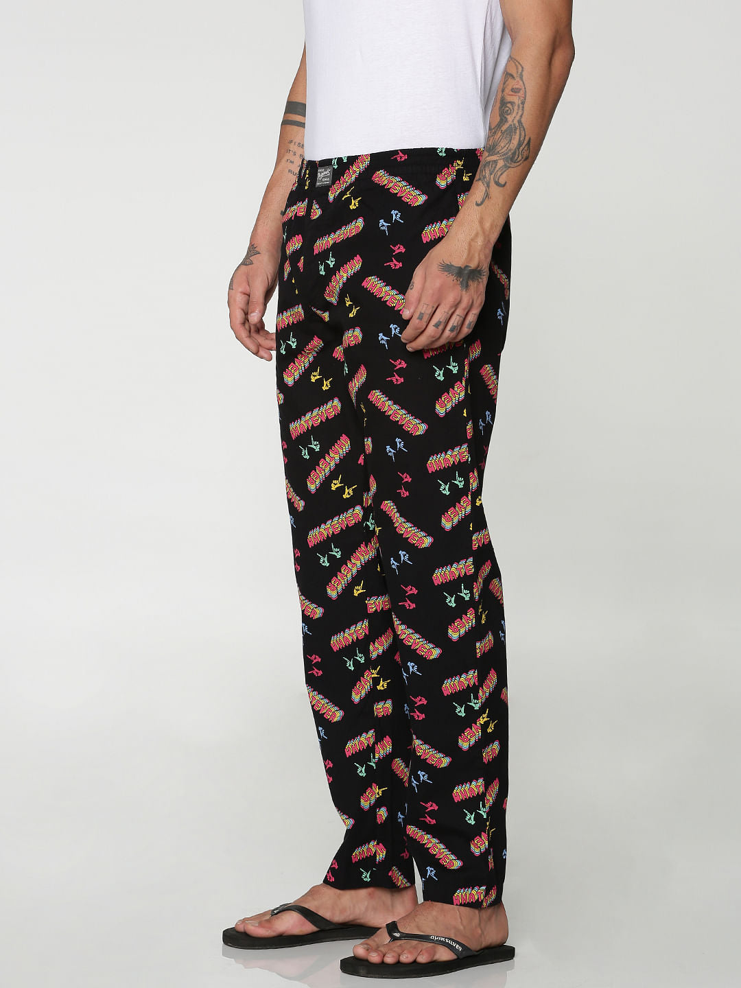 Black All Over Whatever Text Print Pyjama