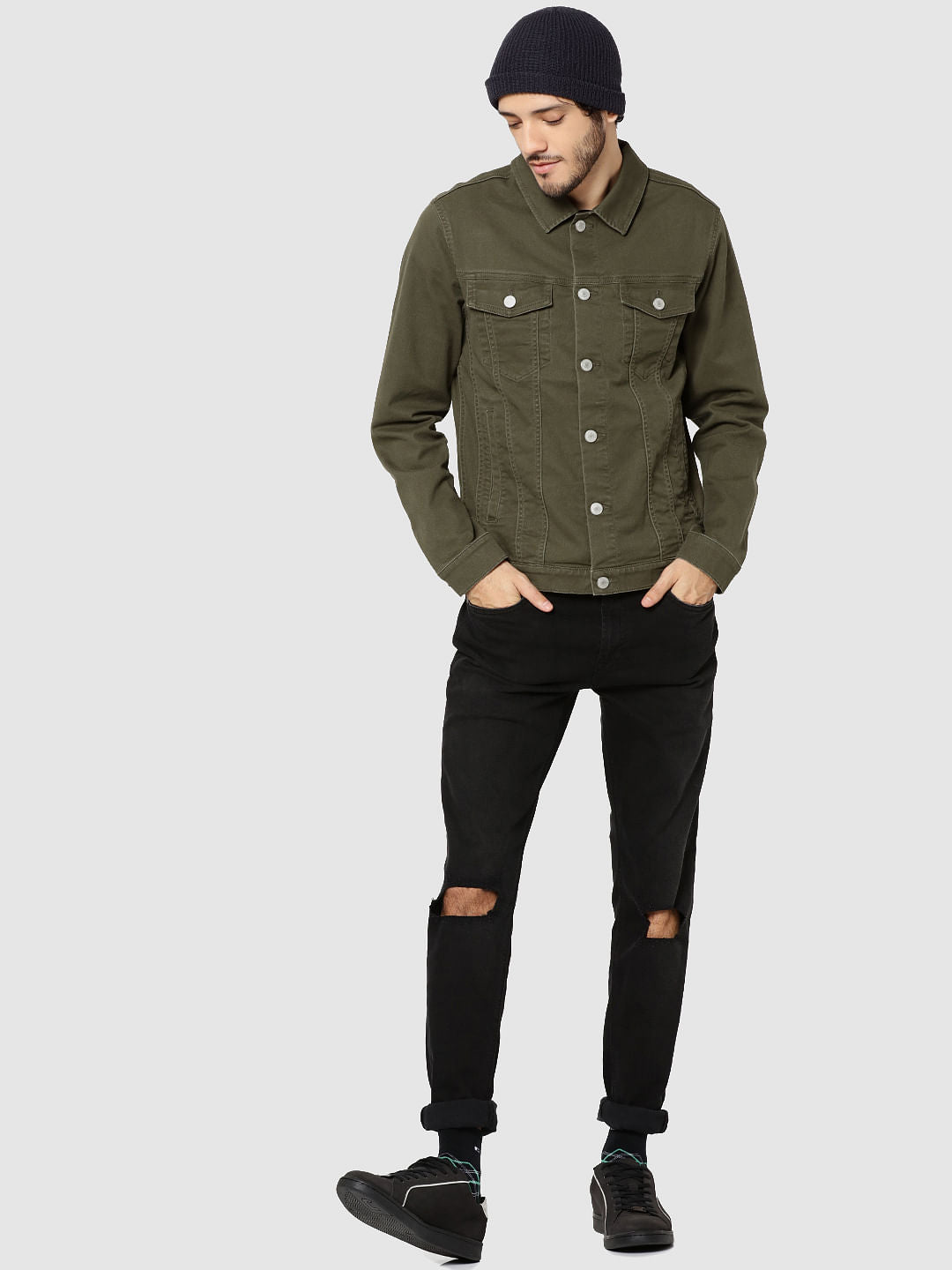 Olive Green Casual Denim Jacket