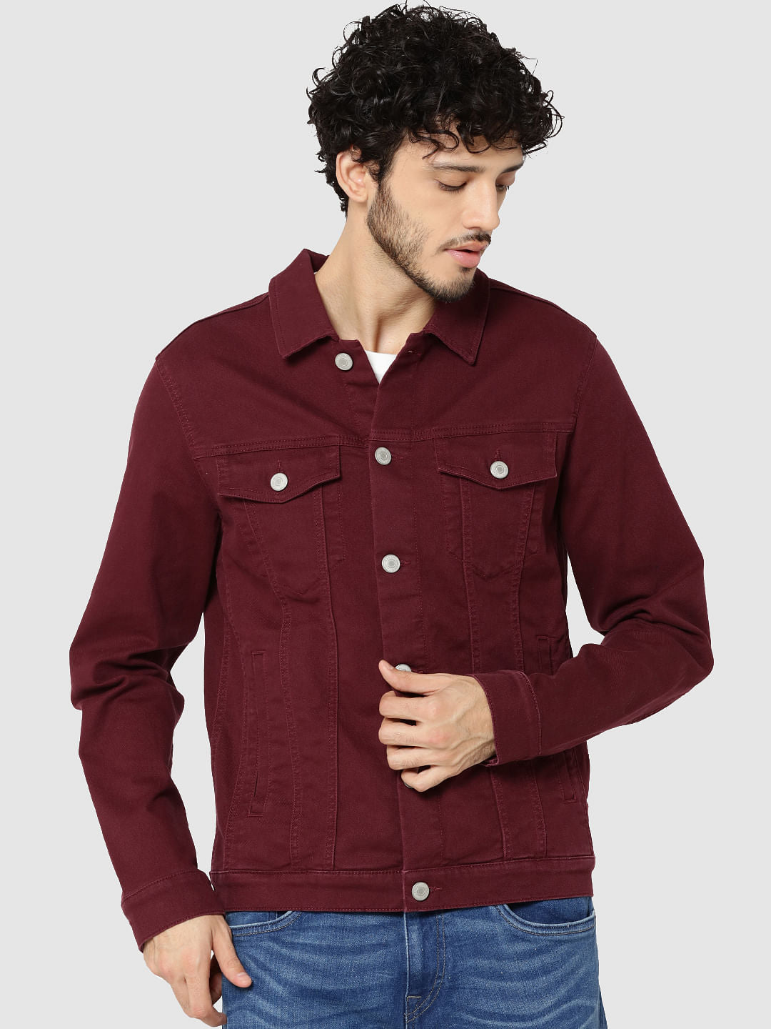 Maroon Casual Denim Jacket - S