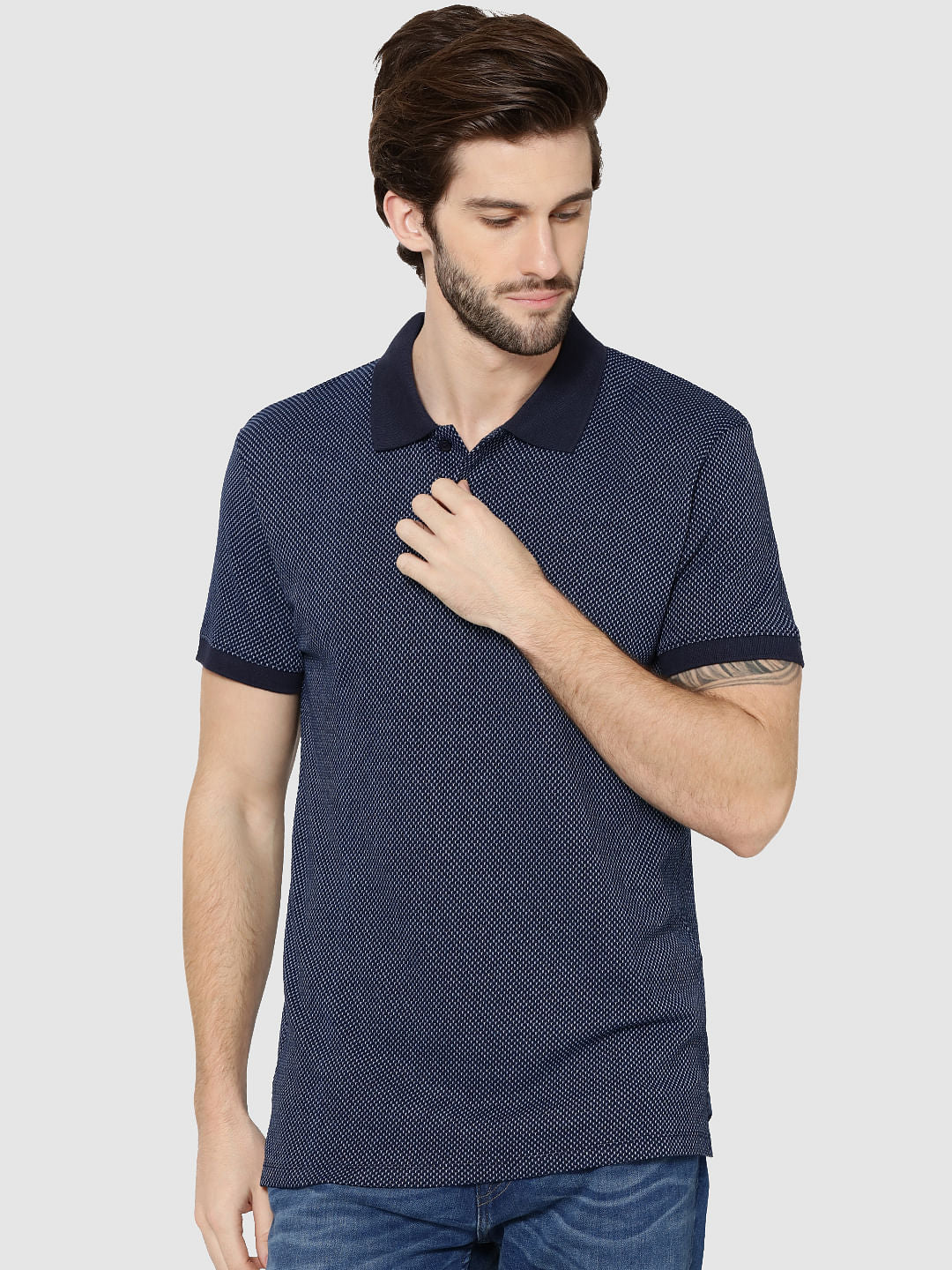 Dark Blue Jacquard Polo T-Shirt - S