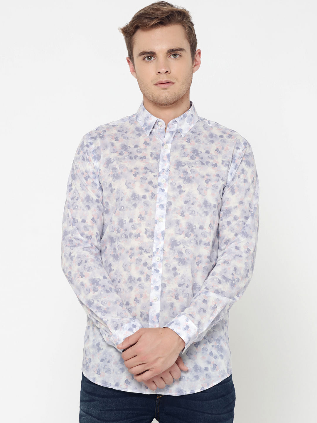 White All Over Print Slim Fit Shirt - S
