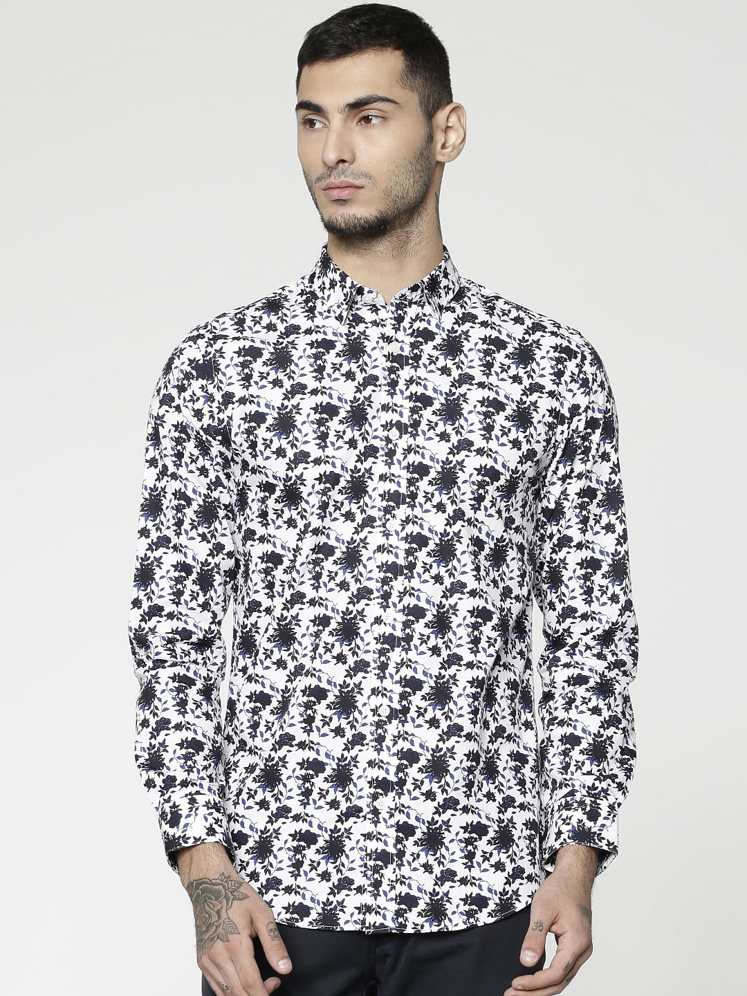 Blue All Over Floral Print Slim Fit Full Sleeves Shirt - S