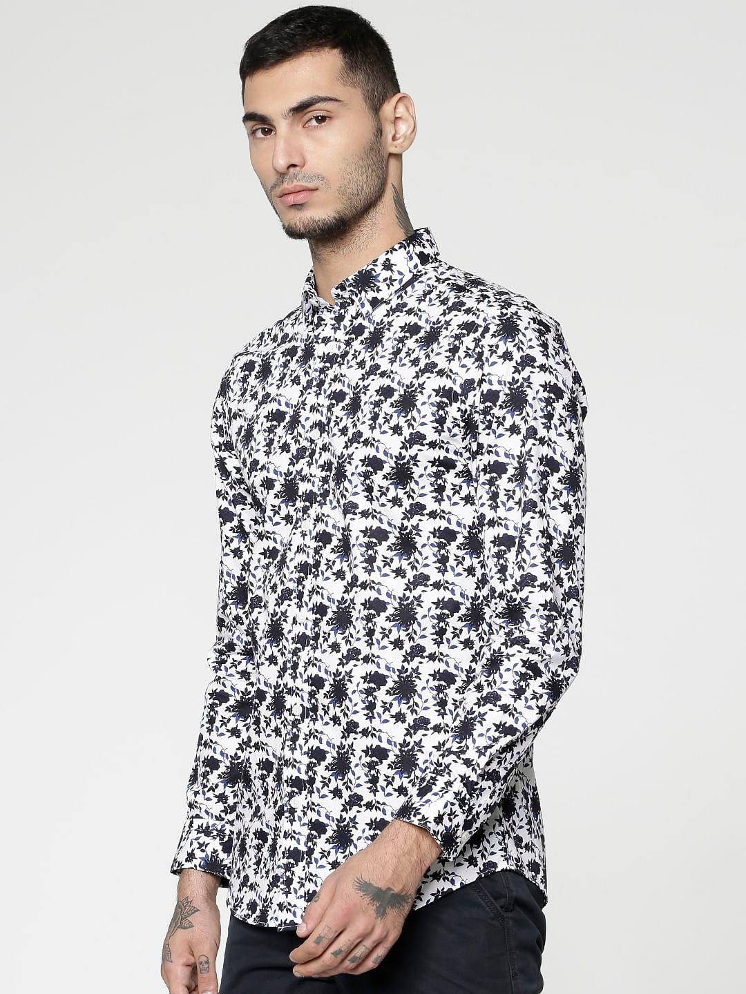 Blue All Over Floral Print Slim Fit Full Sleeves Shirt